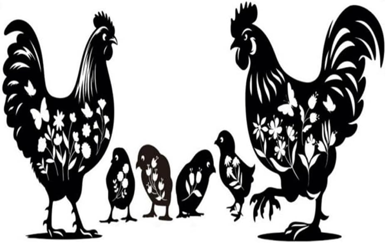 Black Metal Rooster Garden Statues &ndash; 6PCS Chicken Yard Art, Durable Outdoor Decor for Lawn, Patio, and Farmhouse. Lifelike Hen and Rooster Silhouette Stakes image number 1