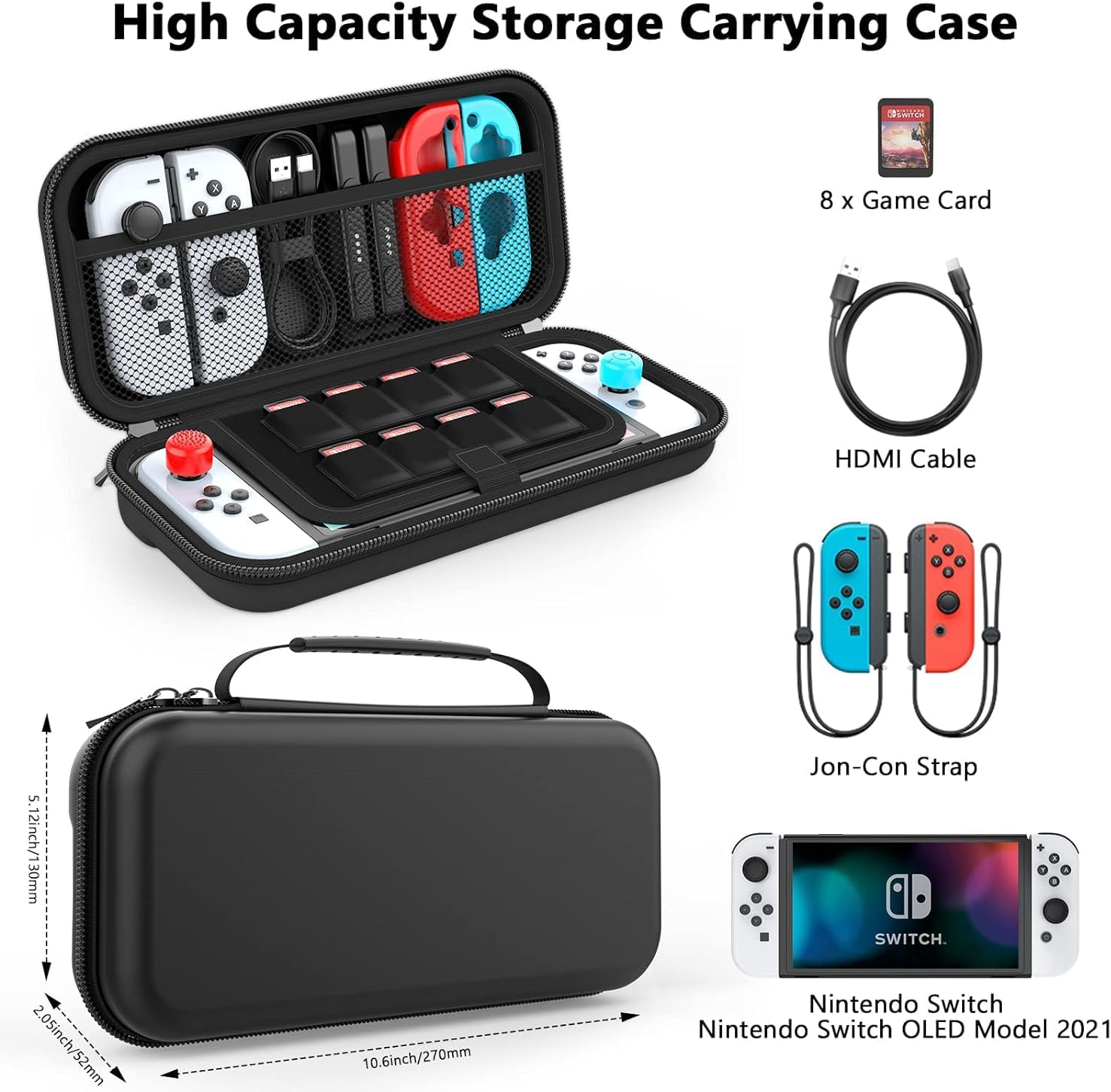 Carry Case Compatible with Nintendo Switch and New Switch OLED Console, Protective Hard Portable Travel Bag Cover Shell Pouch Mesh Pockets for Accessories and Games with 8 Game Cards Holders Black image number 1