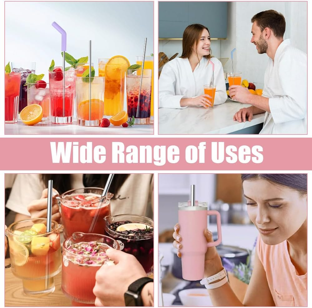 Stainless Steel Straws, Reusable, 6 Pieces Stainless Steel Straws with Silicone Tips, 30 Cm Metal Straw for Stanley Cup, Metal Straw with Cleaning Brushes for Cocktail, Smoothie and Juices, Straight