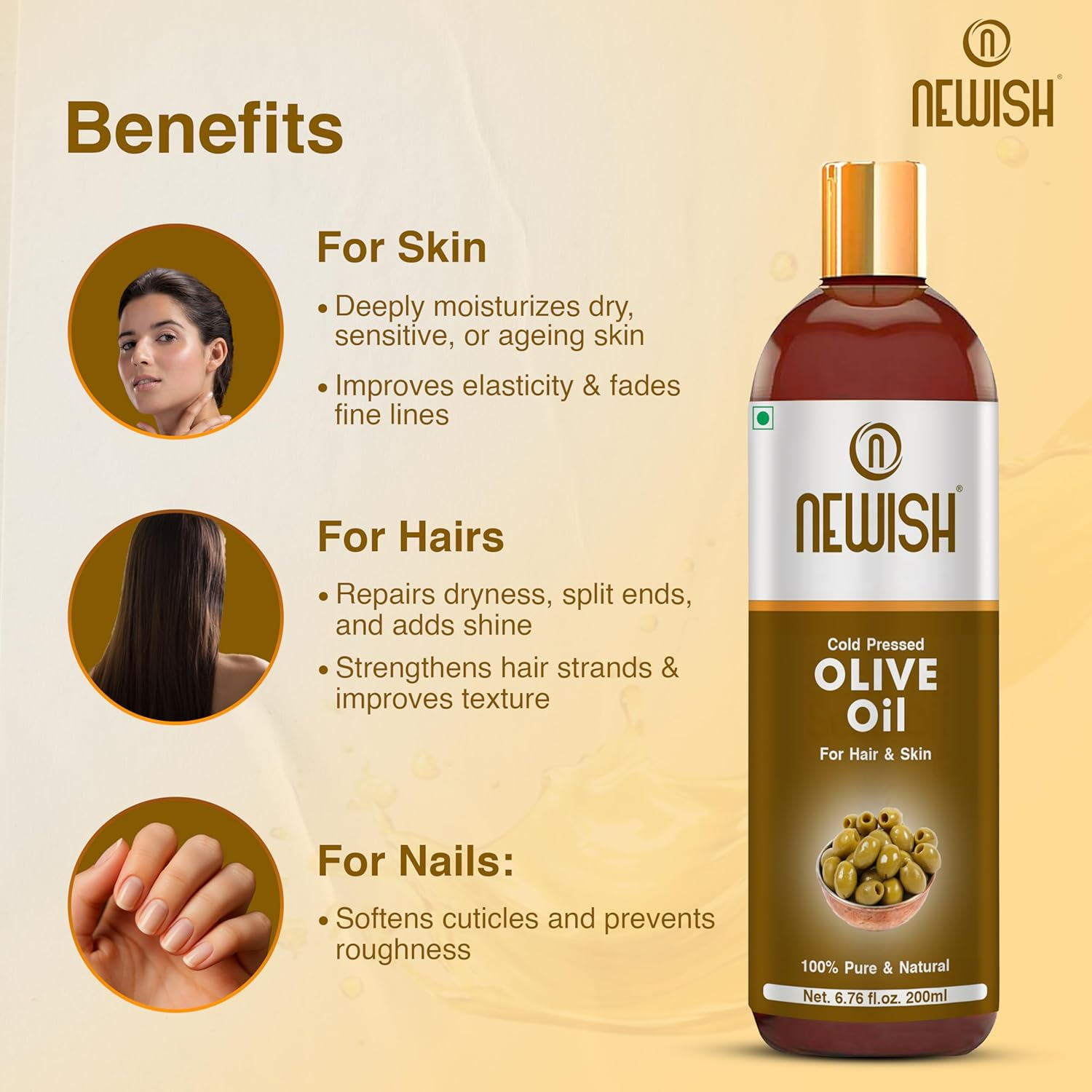 Newish&reg; Pure Cold Pressed Olive Oil for Hair and Skin,200Ml (Pack of 2) image number 2