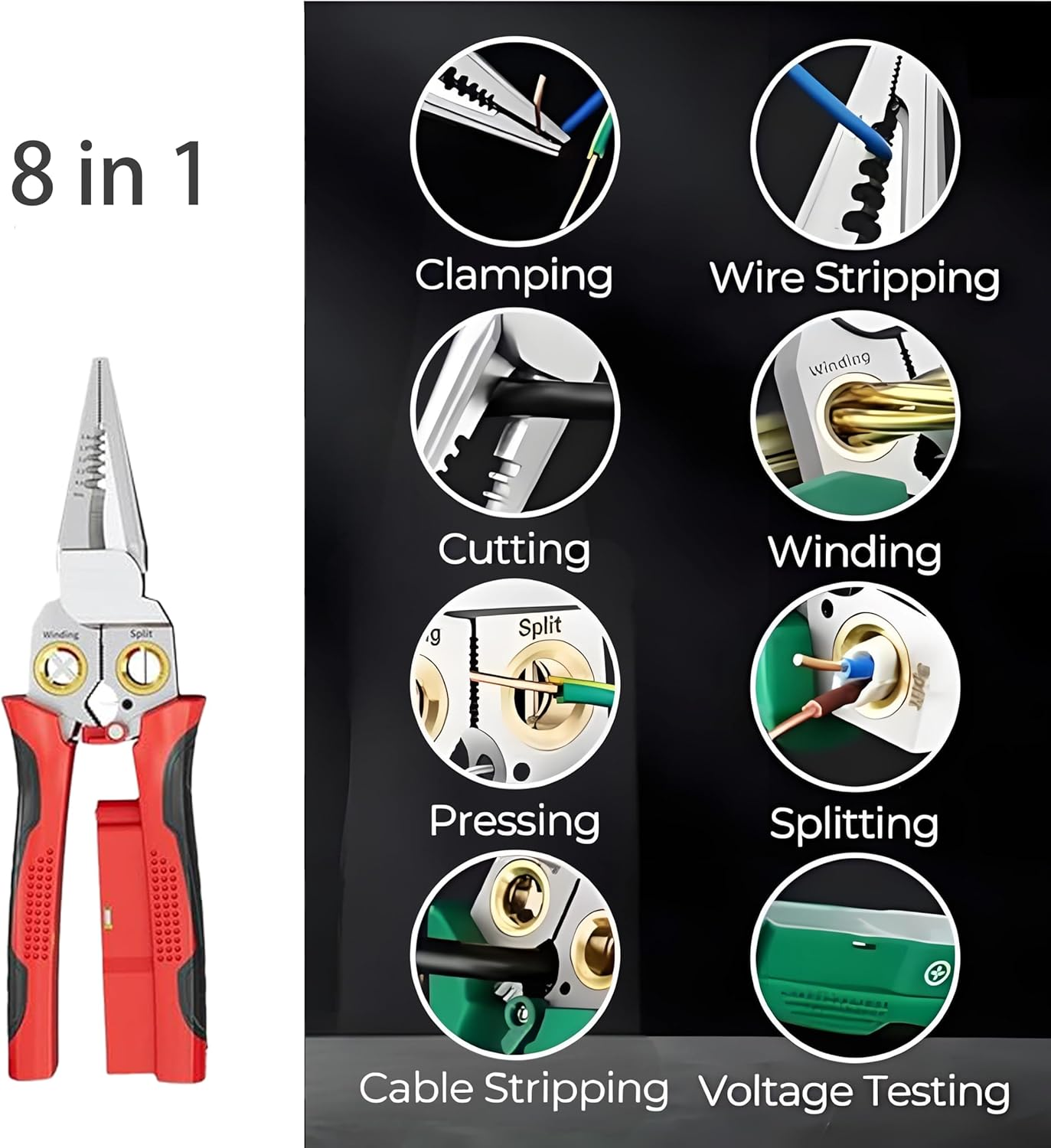 8 in 1 Wire Stripper with Voltage Tester Electric Pliers, Multifunction Tool for Cutting and Pulling Wires Electrician Repair Tool Red image number 3