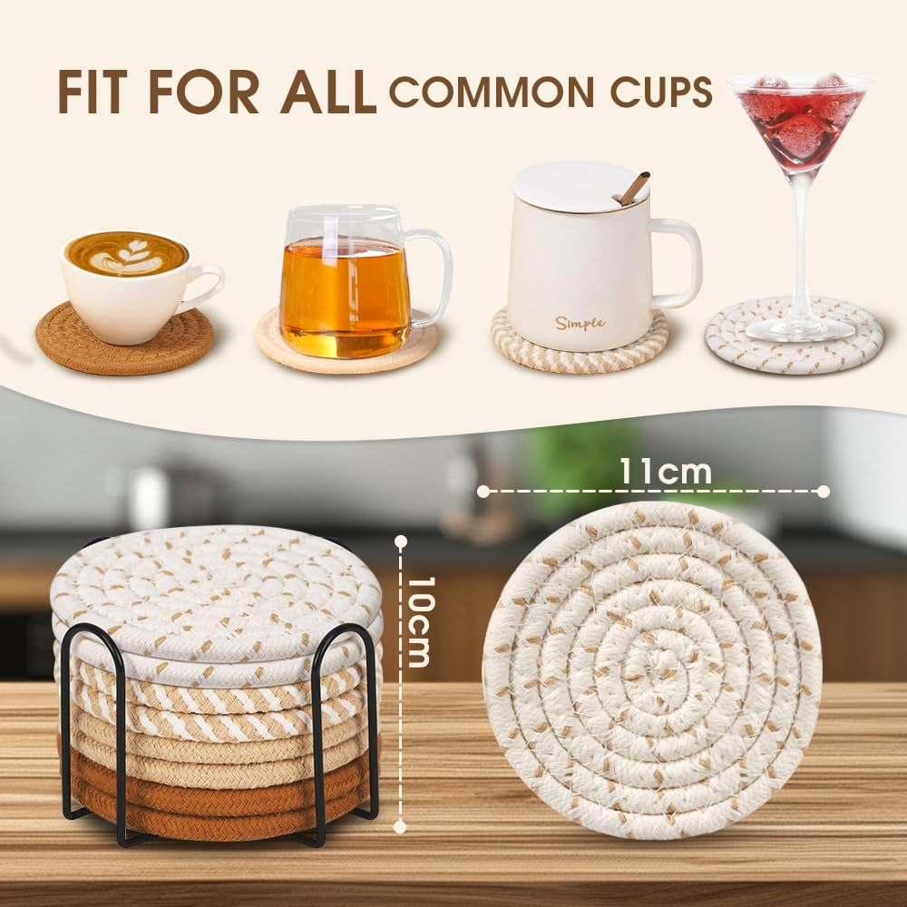 Sonicefit 8Pcs Drink Coasters with Holder, 4 Colors Minimalist Cotton Woven Coasters Set, Boho Absorbent Coaster Suitable for Various Cups, Ideal for Coffee Table, Bar Tabletop, Home Decor (Color 1) image number 2