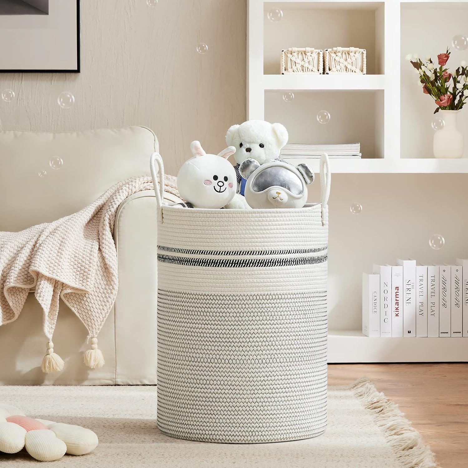 VIPOSCO Large Laundry Hamper, Tall Woven Rope Storage Basket for Blanket, Toys, Dirty Clothes in Living Room, Bathroom, Bedroom - 100L Stripe White image number 4