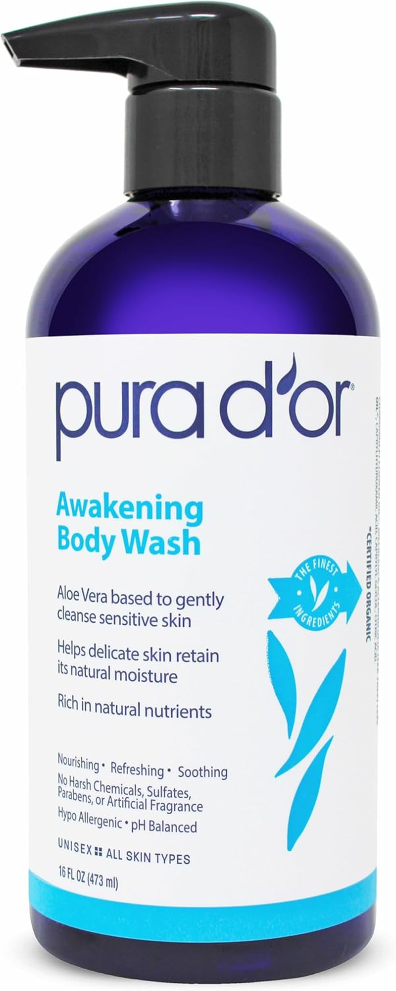 PURA D'OR Awakening Body Wash (16Oz) with Aloe Vera, Chamomile, Lavender, Tea Tree and Natural Nutrients - Ph Balanced for Moisturized Soft, Fresh-Feeling Skin, All Skin Types, Men & Women image number 5