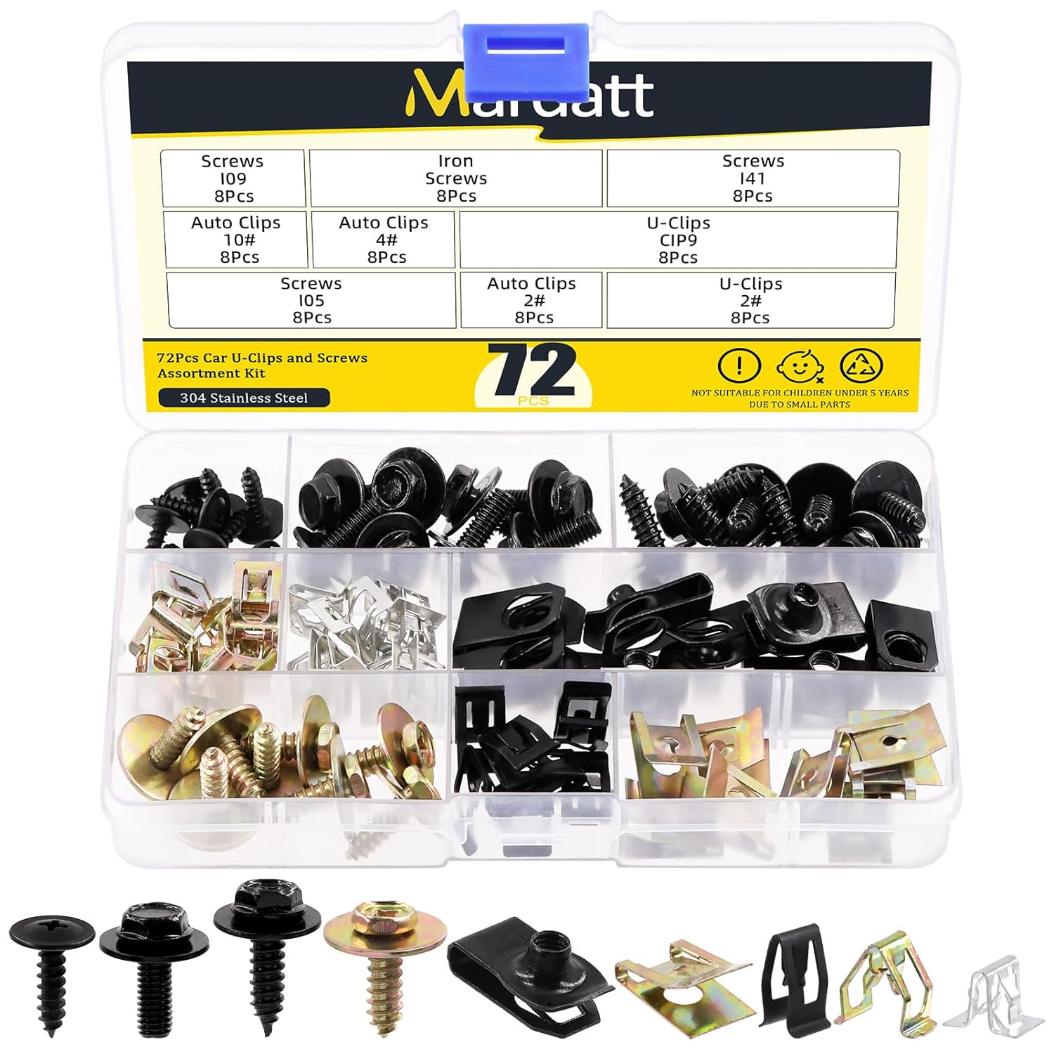 Mardatt 72Pcs Engine under Cover Body Bolts Screws, Metal Trim Panel Spring Clips and U-Clip Kit, Auto Car Splash Shield Guard Body Bolts Fastener with Screws U-Nuts Trim Moulding Clip for Cars image number 4