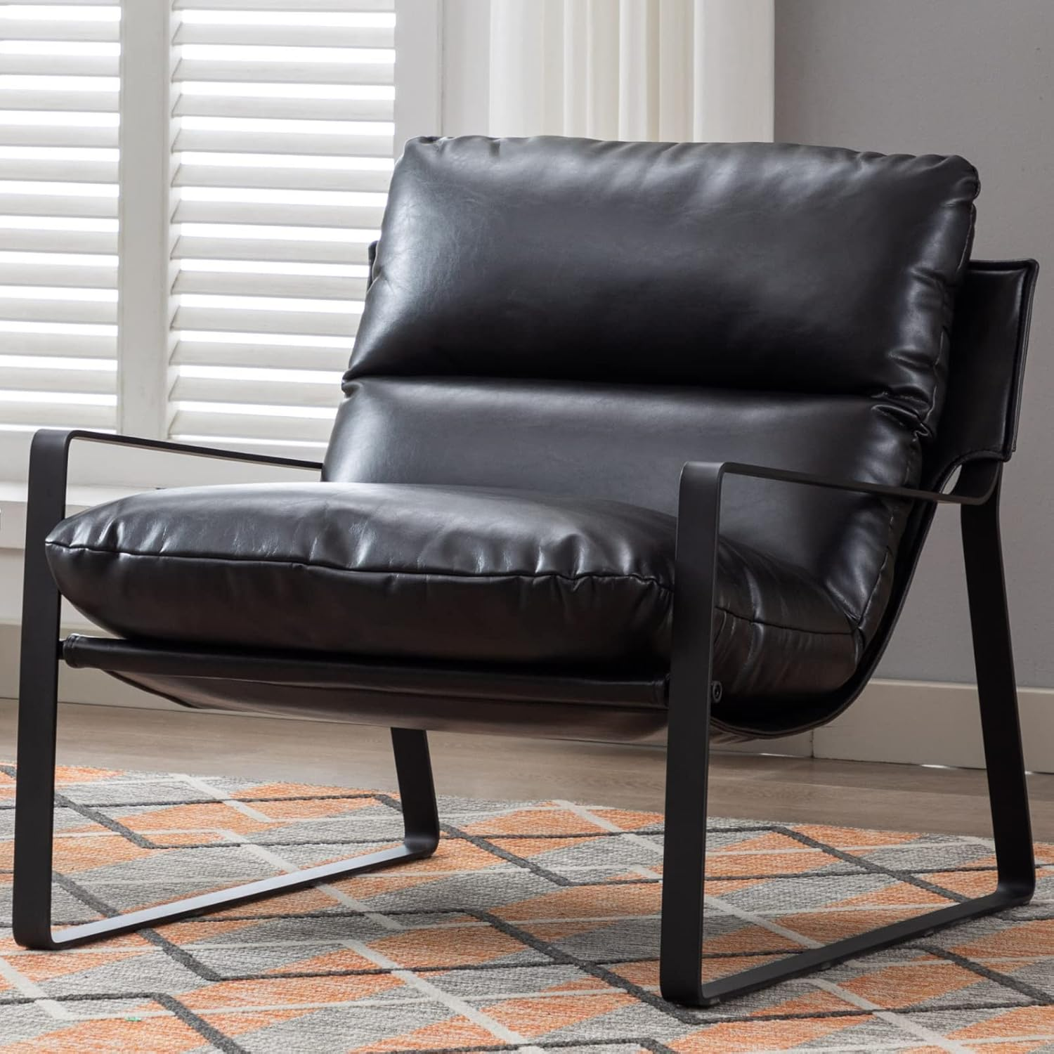 Mid-Century Sling Accent Chair: Comfy PU Leather Side Chair with Armrest - Upholstered Leisure Chair with Black Metal Frame - Living Room Bedroom Reception Room - White