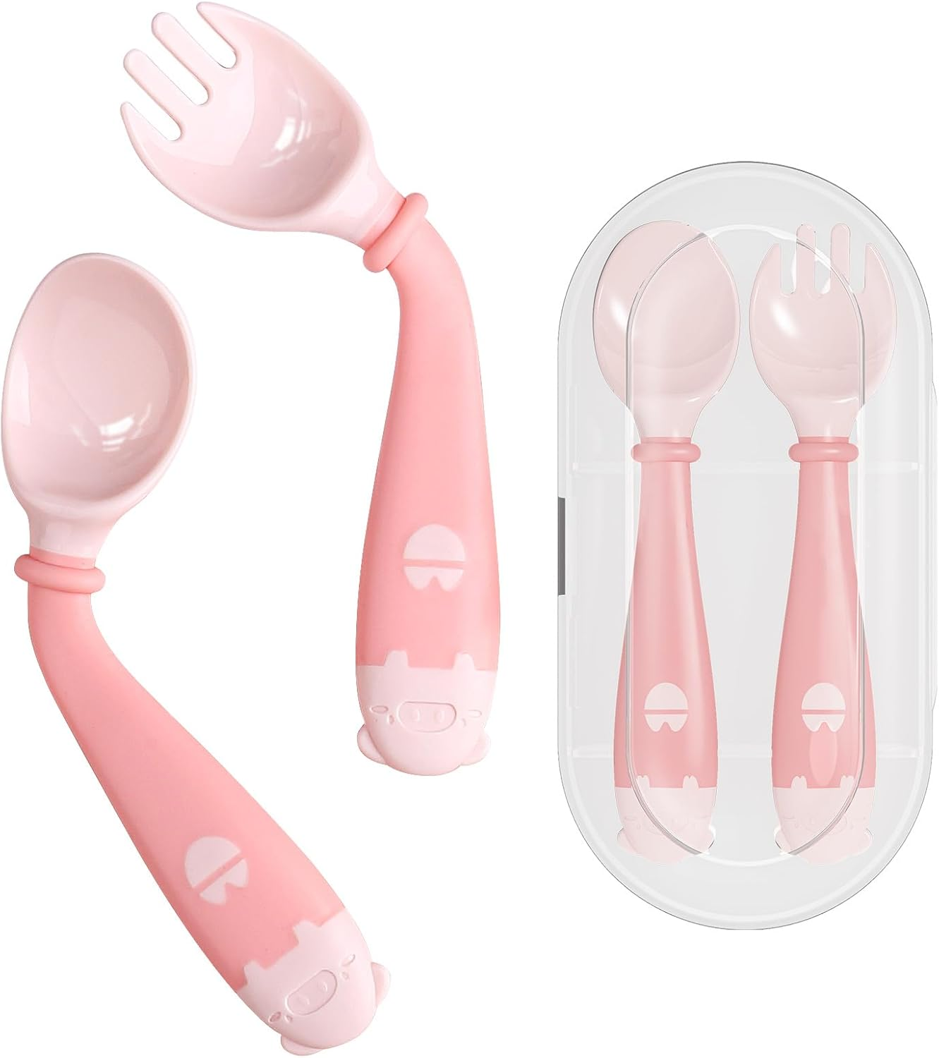 Deejoy Toddler Utensils with Travel Safe Case, Silicone Baby Spoons and Fork Set for Self Feeding, Toddlers Feeding Training Spoon, Easy Grip Heat-Resistant, Bendable Function (2 Sets, Green&Pink)