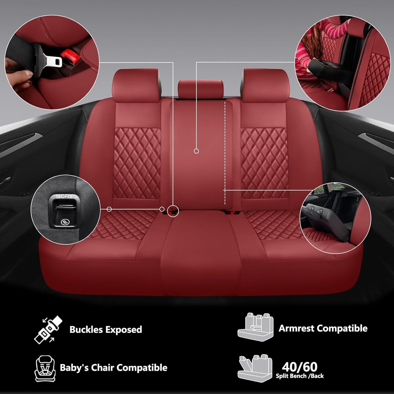 NS YOLO Full Coverage Leather Car Seat Covers Full Set,Waterproof Seat Covers for Cars,Suvs Pick-Up Truck, Car Seat Cushion,Car Seat Protector,Wine Red Seat Cover with 5 Seats image number 5