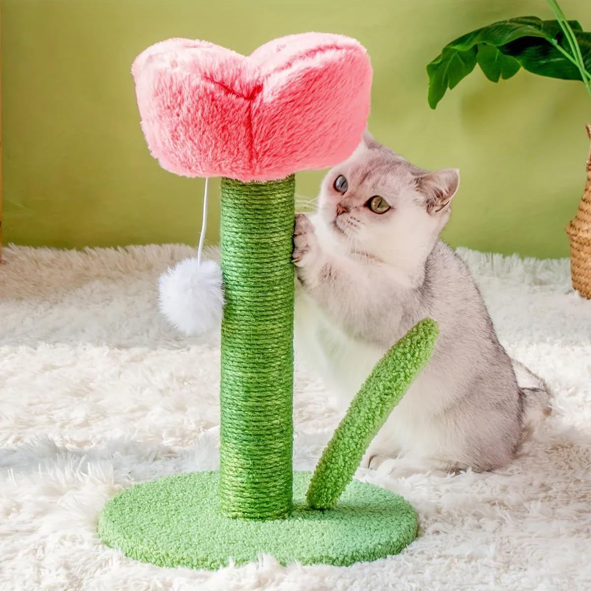 Jade Deals Tulip Cat Scratching Post, 15.75In Height & 9.84In Base Diameter, Durable Sisal-Wrapped Post, Plush Flower Top Rest Spot, Attached Fluffy Ball Toy, Furniture Protector for Cats - Rose Red image number 6
