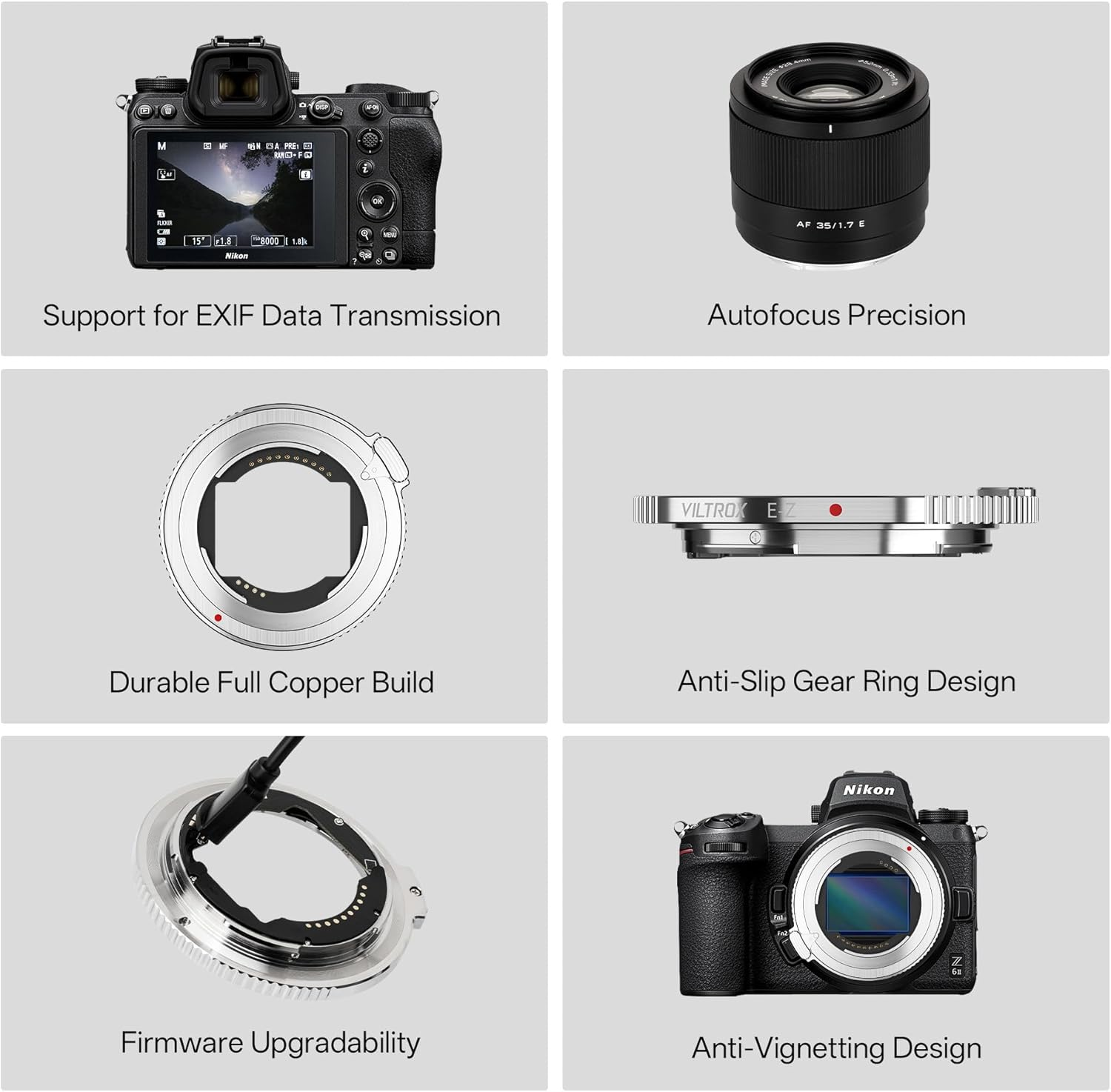 VILTROX E-Z Autofocus Lens Mount Adapter for Sony E Mount Lens to Z Cameras Z5 Z6 Z6II Z7 Z7II Z50 Zfc Z9 Zf Z3 &ndash; 4Mm Ultra-Thin, EXIF, Auto Aperture, Full Copper, USB-C Upgrade image number 1