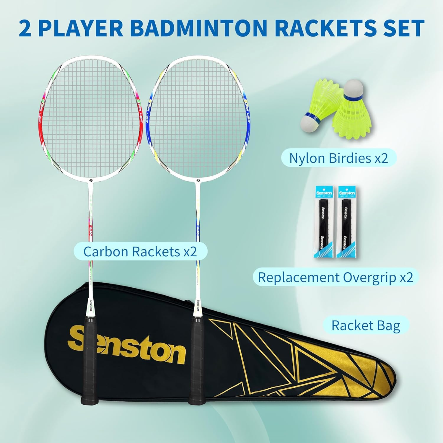 Senston Badminton Racket Set of 2 Graphite Shaft Badminton Racquet Set Including Badminton Bag,2Badminton Shuttlecocks, 2 Badminton Grips image number 1