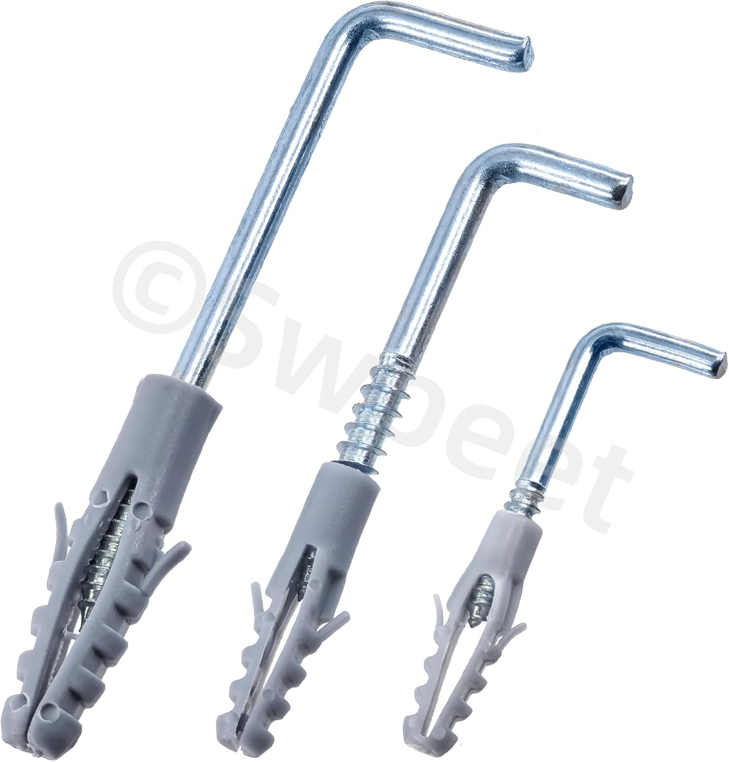 Swpeet 150Pcs 3 Sizes Blue White Metal Screw-In Square Bend Hooks with Expansion Tubes Anchors Assortment Kit, L Shaped Self-Tapping Screws Hooks L Type Photo Frame Right Angle Hook for Wall Hanging image number 1