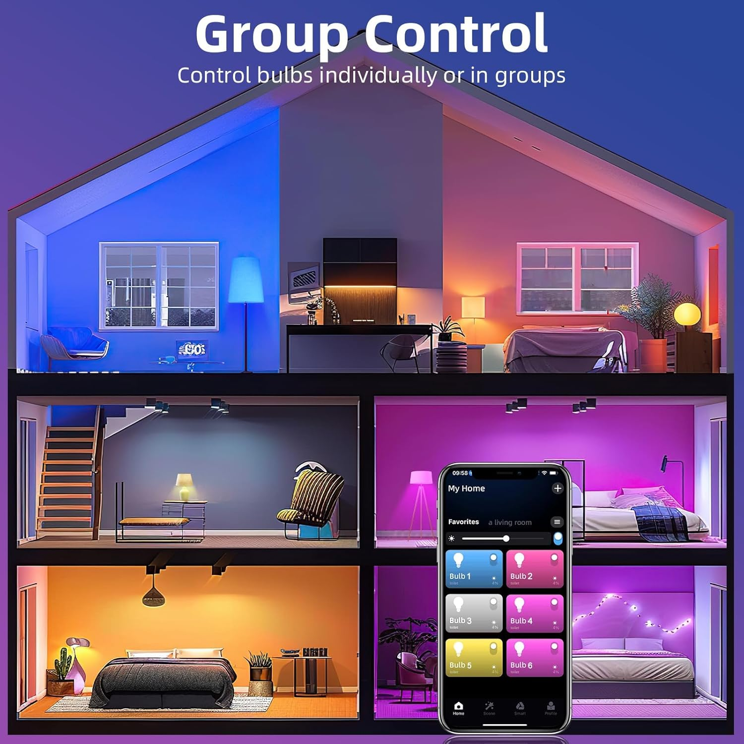 LED Smart Wifi Bulbs E27 Alexa&Google Home Compatible with Music Sync,Dimming, Color Changing, Timing,Group Control, Preset Scenes, RGBCW Multicolor Smart Bluetooth Light Bulbs 60W, 800Lm(2-Pack) image number 2