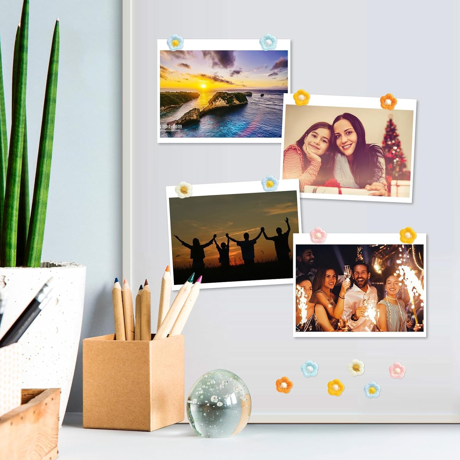 Funcyboo 30Pcs Cute Flower Push Pins, 6 Colors (White, Green, Blue, Pink, Yellow, Orange), Stainless Steel & Fabric, Decorative Office & Home Display image number 4