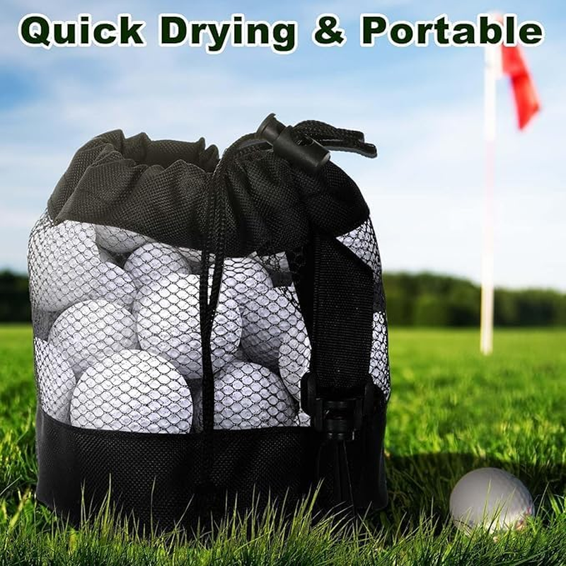 Leanockesa 2 Pcs Black Nylon Mesh Golf Ball Bags with Drawstring & Hooks, 7.08 X 5.11 Inch Portable Golf Ball Storage Pouch, Durable Golf Ball Organizer for Easy Access
