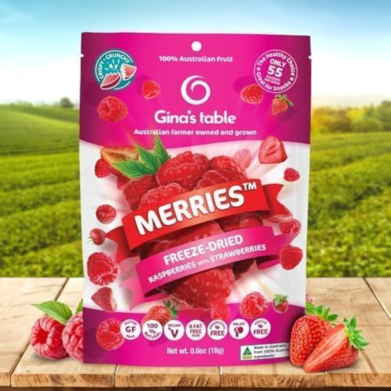 Gina&rsquo;S Table Merries &ndash; Freeze Dried Raspberries & Strawberries &ndash; Healthy Fruit Snack for Everyone, 100% Australian Farm Fruit, No Added Sugar, Rich in Antioxidants & Fibre, Low Calorie, Vegan &ndash; 10 X 18G Value Pack image number 1