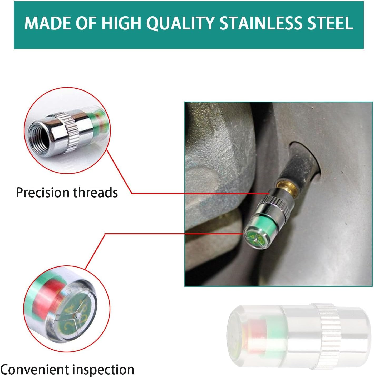 4 PCS Tire Pressure Monitor Valve Stem Caps, 2.4 Bar 36 PSI Car Tire Pressure Monitor Sensor Indicator with 3-Color Eye Alert, Universal Valve Stem Caps for Cars, Suvs, Trucks (Silver) - Silver image number 3