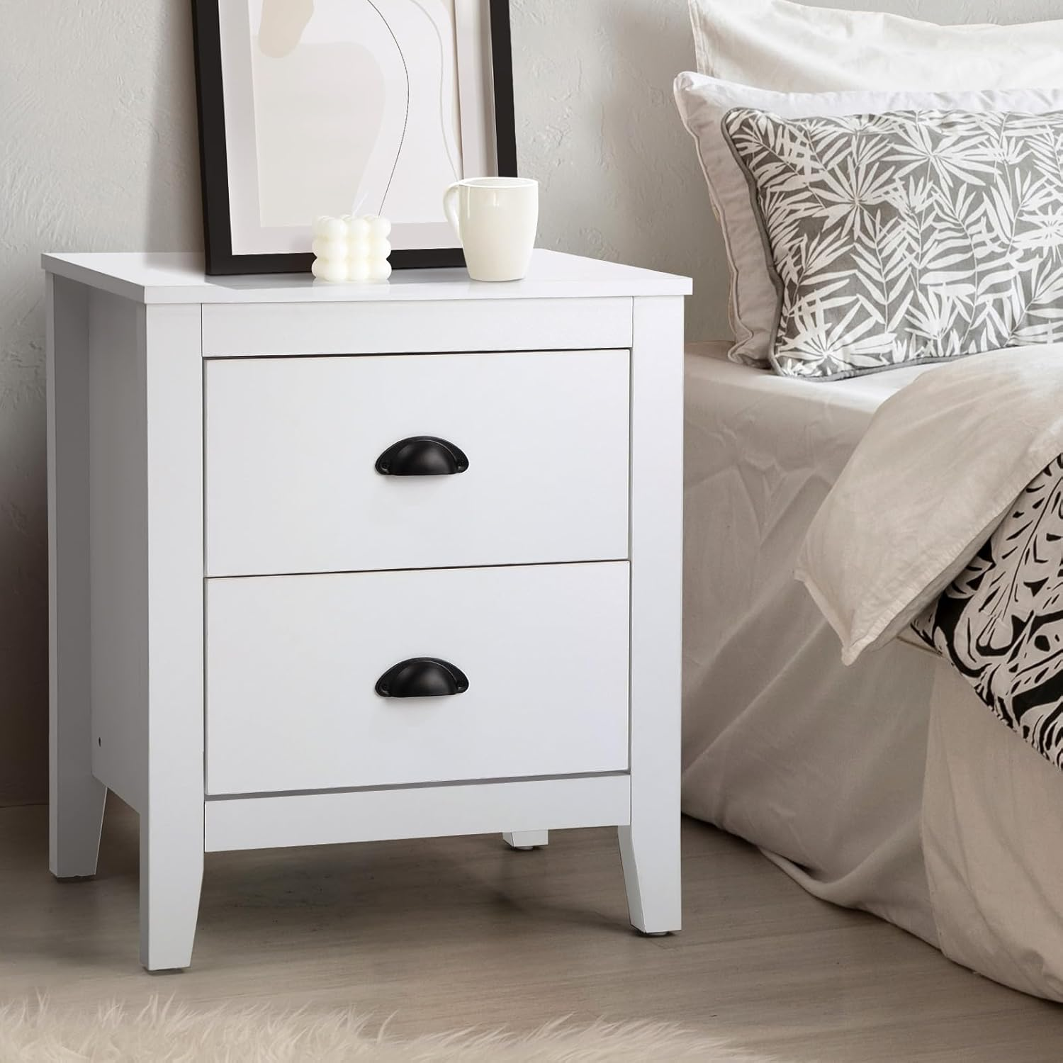 Oikiture White Bedside Table with 3 Drawers Wooden Bed Side Table End Table Nightstand