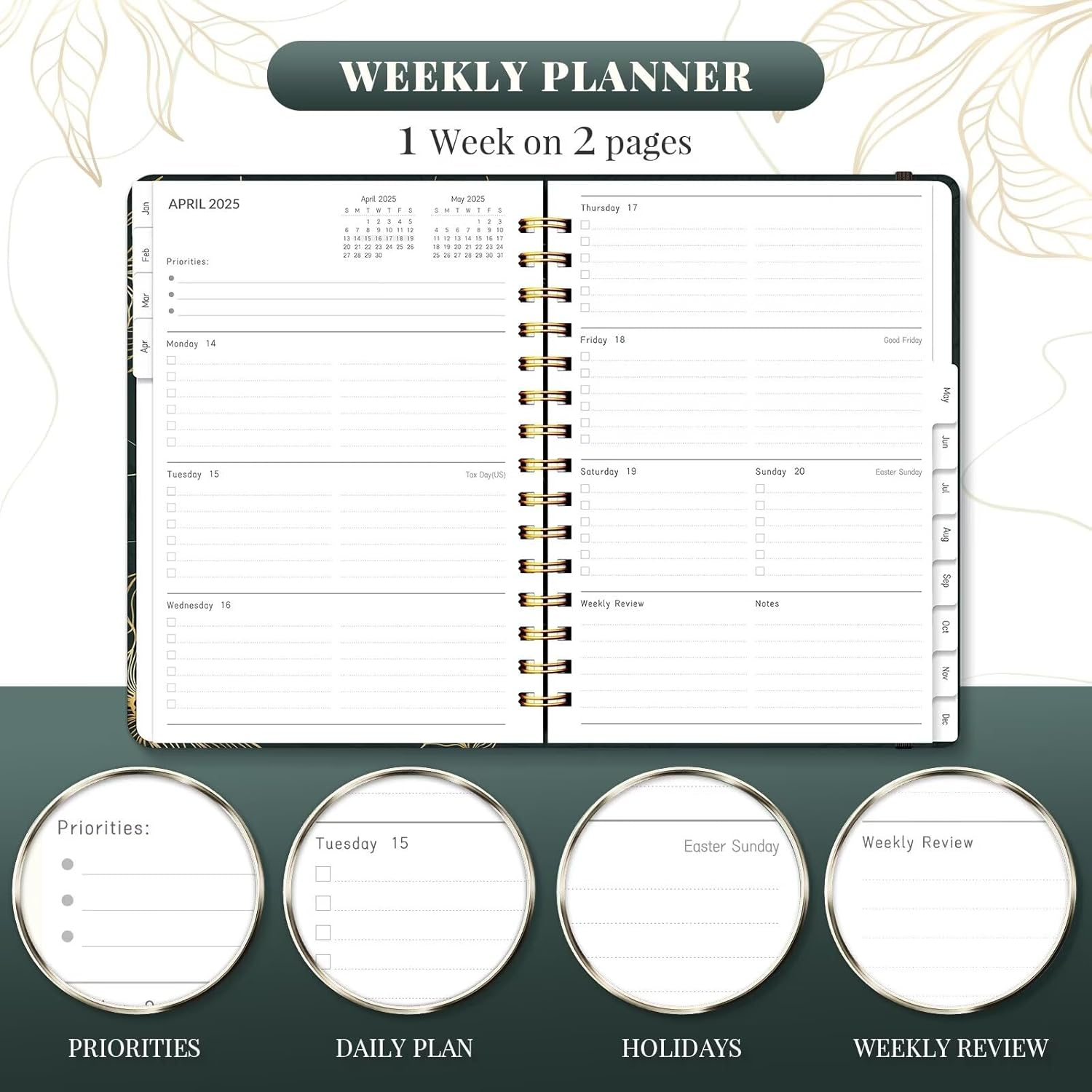 2025 Planner, A5 Weekly and Monthly Planners with Tabs, Spiral Bound Daily Calendar 2025, Agenda Organizers from Jan. to Dec., Hardcover Habit Tracker Journal 6.1" X 8.5" (Black Gold) image number 2
