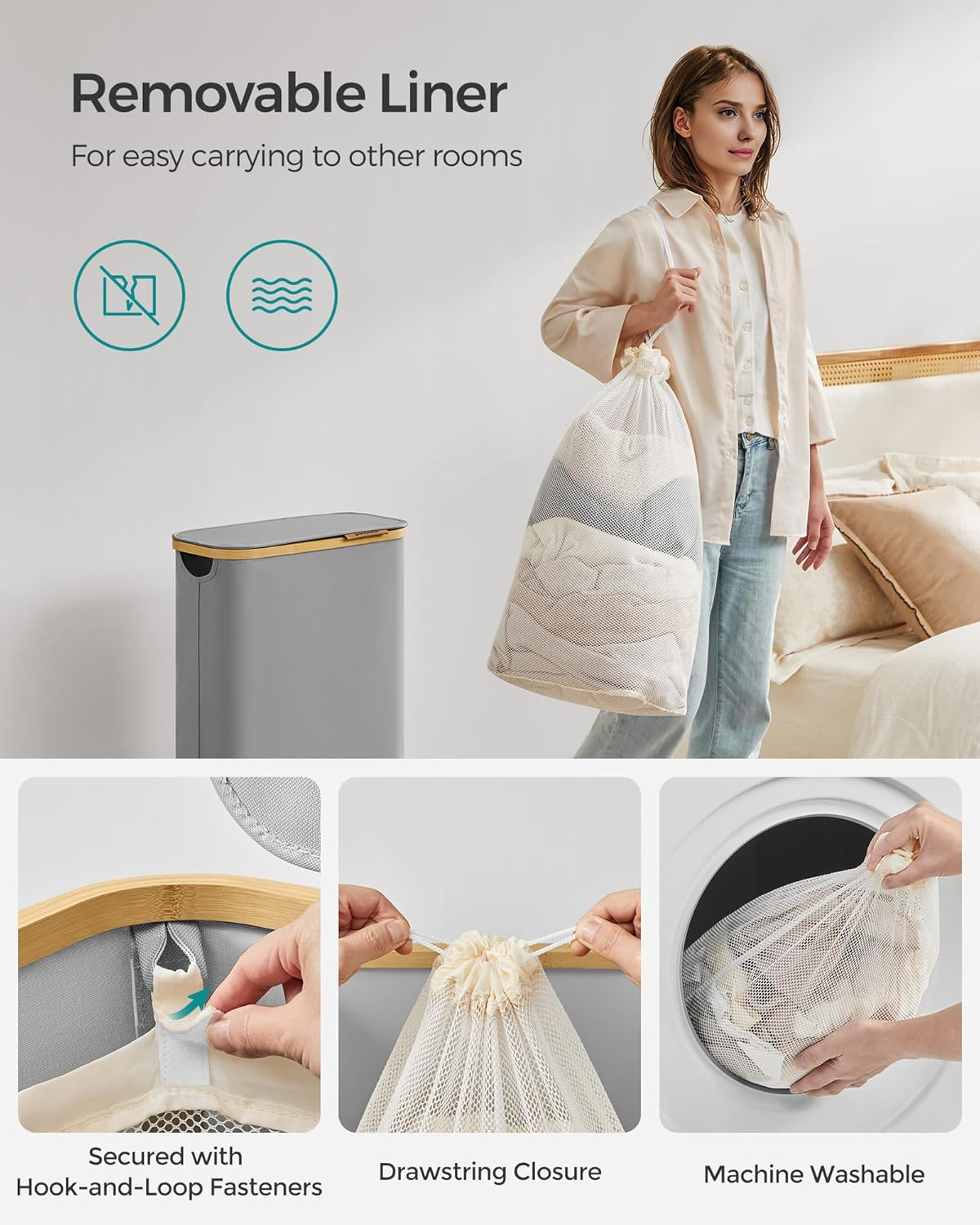 SONGMICS Laundry Hamper with Lid, Slim Laundry Basket, 17.2 Gallons (65L), Space-Saving, Removable Mesh Liner, Bamboo Handles, Collapsible, 16.5 X 8.9 X 27.8 Inches, Dove Gray ULCB506G01 image number 1