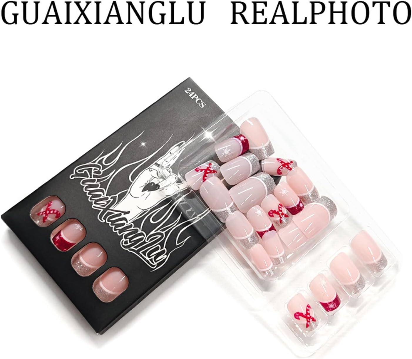 Holiday Glittering Press on Nails Short French Styles Snowflake Cane Pattern ABS for Festive Event Christmas Snowflake Press on Nail image number 3