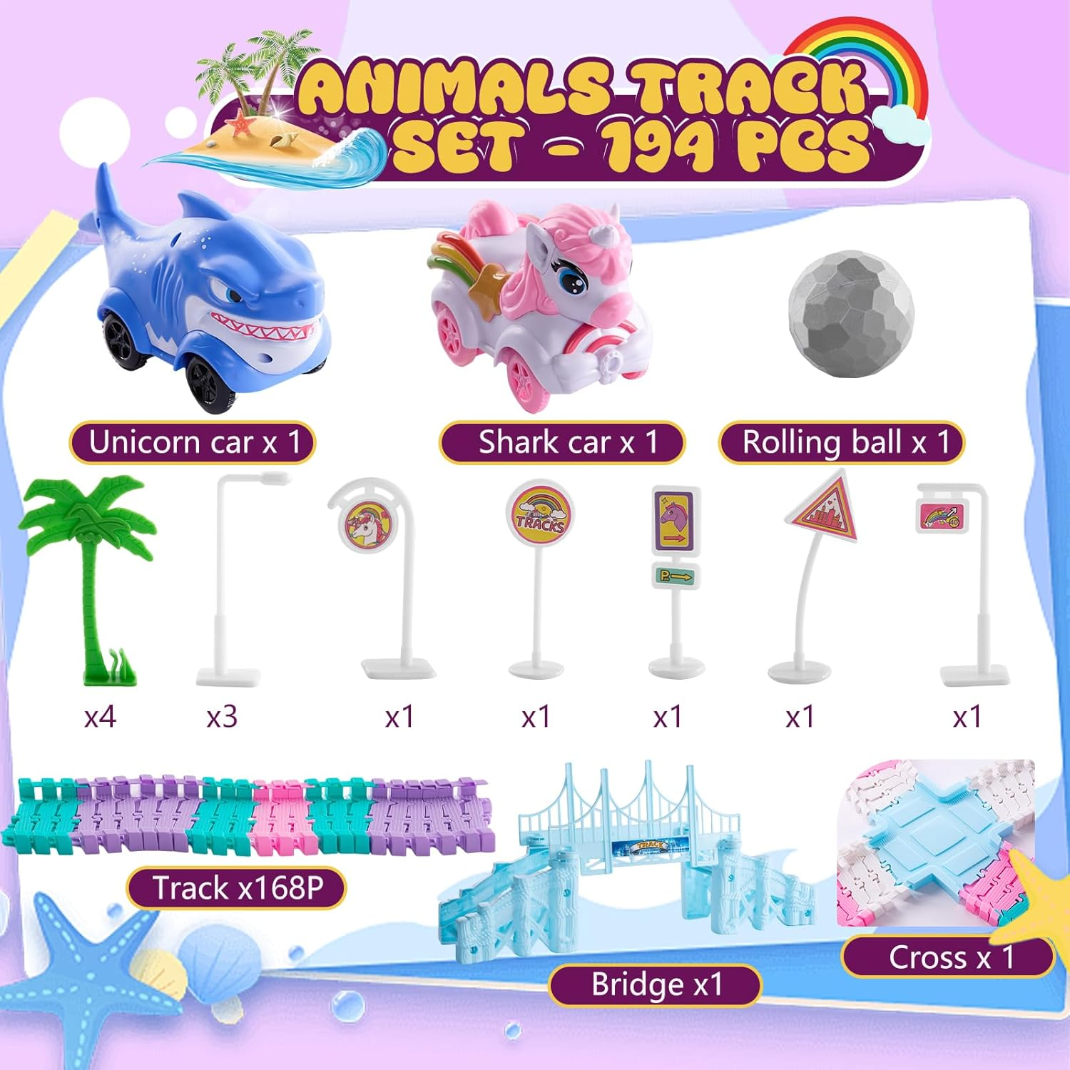 DIY Unicorn Track Toys 194 Pcs Shark Race Car Toys for Boys Girls 3 4 5 6 7 9 Year, Bendable Flexible Racetrack Cars with Shark & Ball, Unicorn Gifts for Girls, Presents for 3+ Year Old Kids image number 6