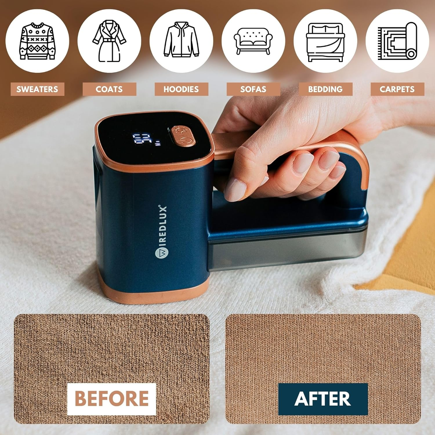 Electric Lint Remover - Rechargeable Fabric Shaver for Clothes & Furniture - Adjustable 3-Speed, 6-Leaf Blade, LED Light, USB Charging - Debobbler with Dual Protection (Cobalt Blue/Copper) image number 5