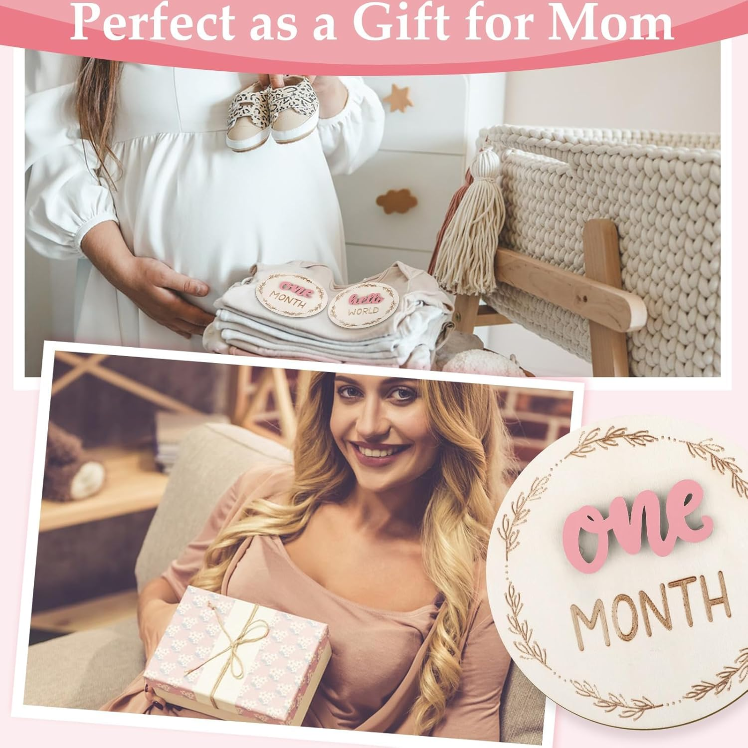 7 Pcs Months Baby Milestone Signs, 3D Pink Baby Monthly Milestone Cards Milestone Wooden Circles for Newborn Boy Girl 1-12 Months Baby Milestone Pictures (Double Sided) image number 1