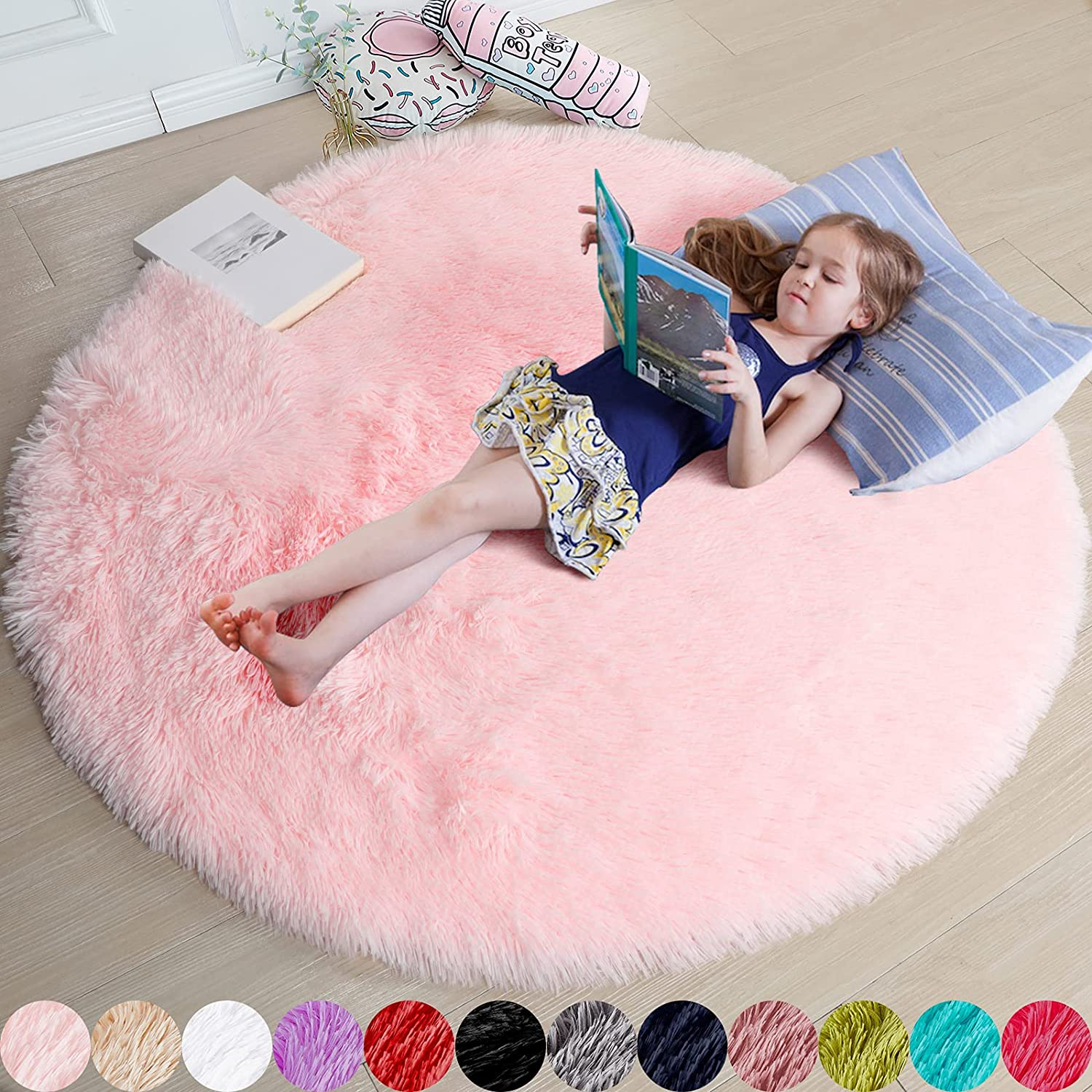 Pink round Rug for Girls Bedroom,Fluffy Circle Rug 4'X4' for Kids Room,Furry Carpet for Teen Girls Room,Shaggy Circular Rug for Nursery Room,Fuzzy Plush Rug for Dorm,Cute Room Decor for Baby image number 5