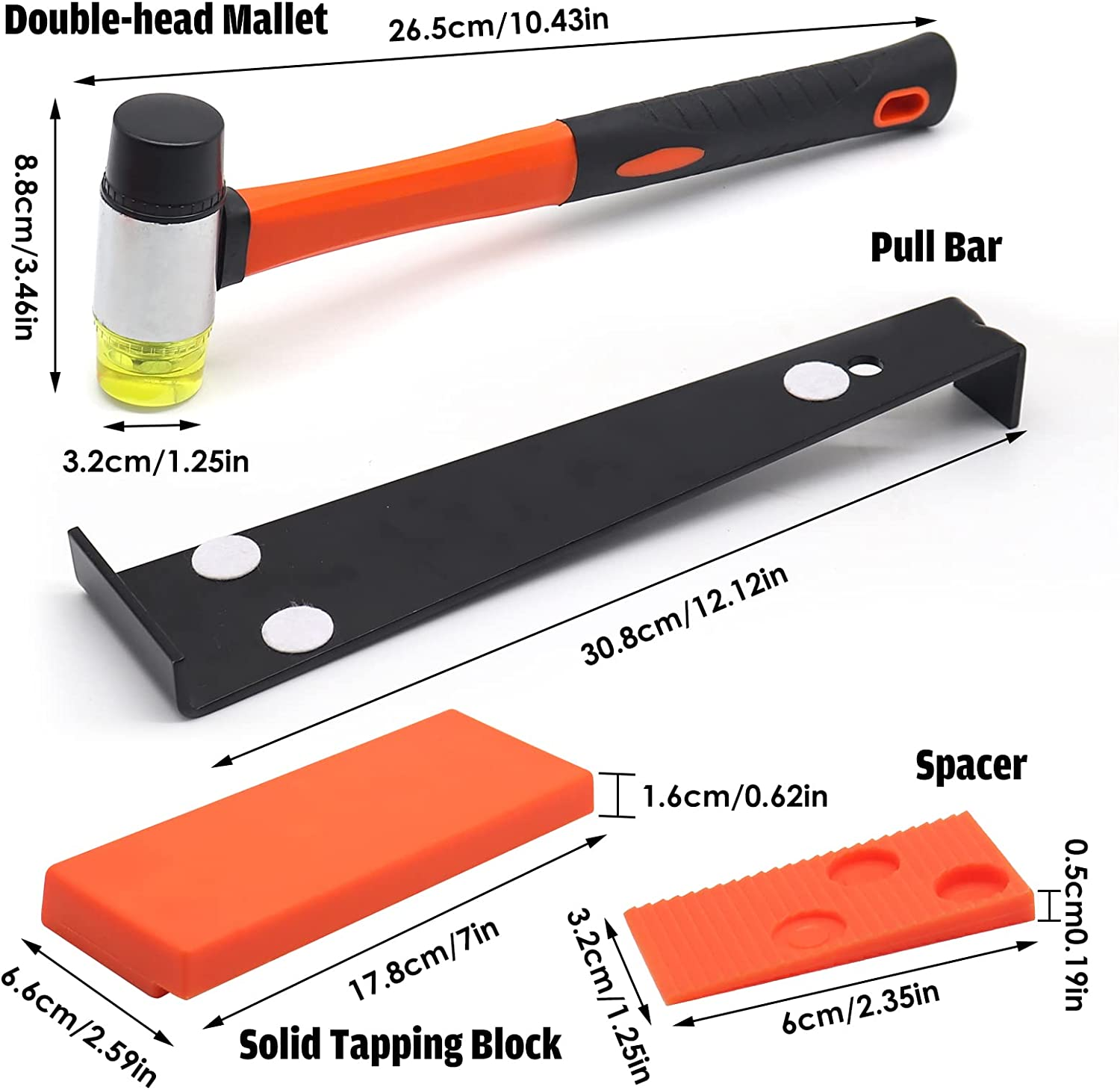 Laminate Wood Flooring Installation Kit Worthplanet 43Pcs Wood Flooring Installation Kit with 40 Spacers, Solid Tapping Block, Pull Bar and Double Headed Mallet for Floor Installation W370003 image number 6