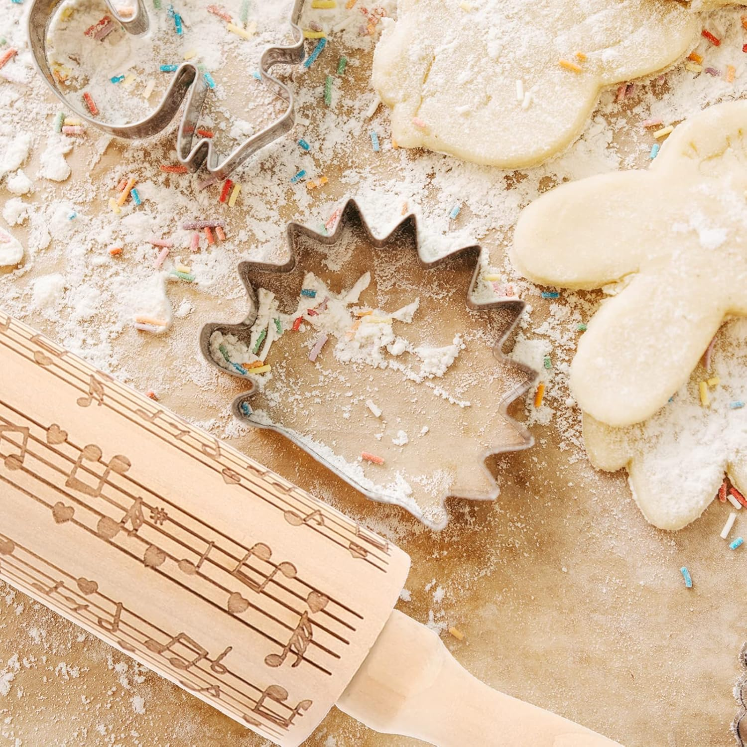 CALLARON Embossed Rolling Pin, 14 Inch Christmas Rolling Pins for Baking, Wooden Reusable Dough Roller with Music Note, Embossed Cookies Baking DIY Tool for Kids Adults Xmas Decoration image number 2