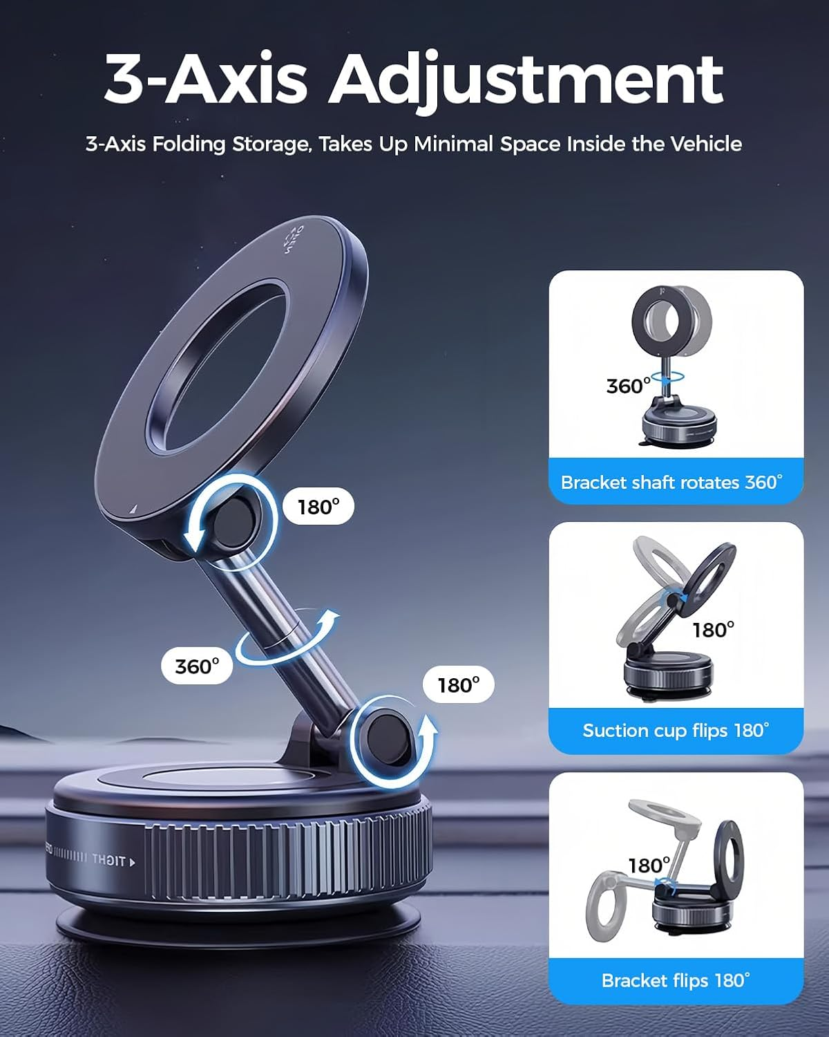 Magnetic Car Phone Holder, Foldable 360&deg; Adjustable Suction Mount, Compatible with Iphone/Samsung Galaxy and Most Smartphones for Car, Gym, Bathroom Mirror image number 3