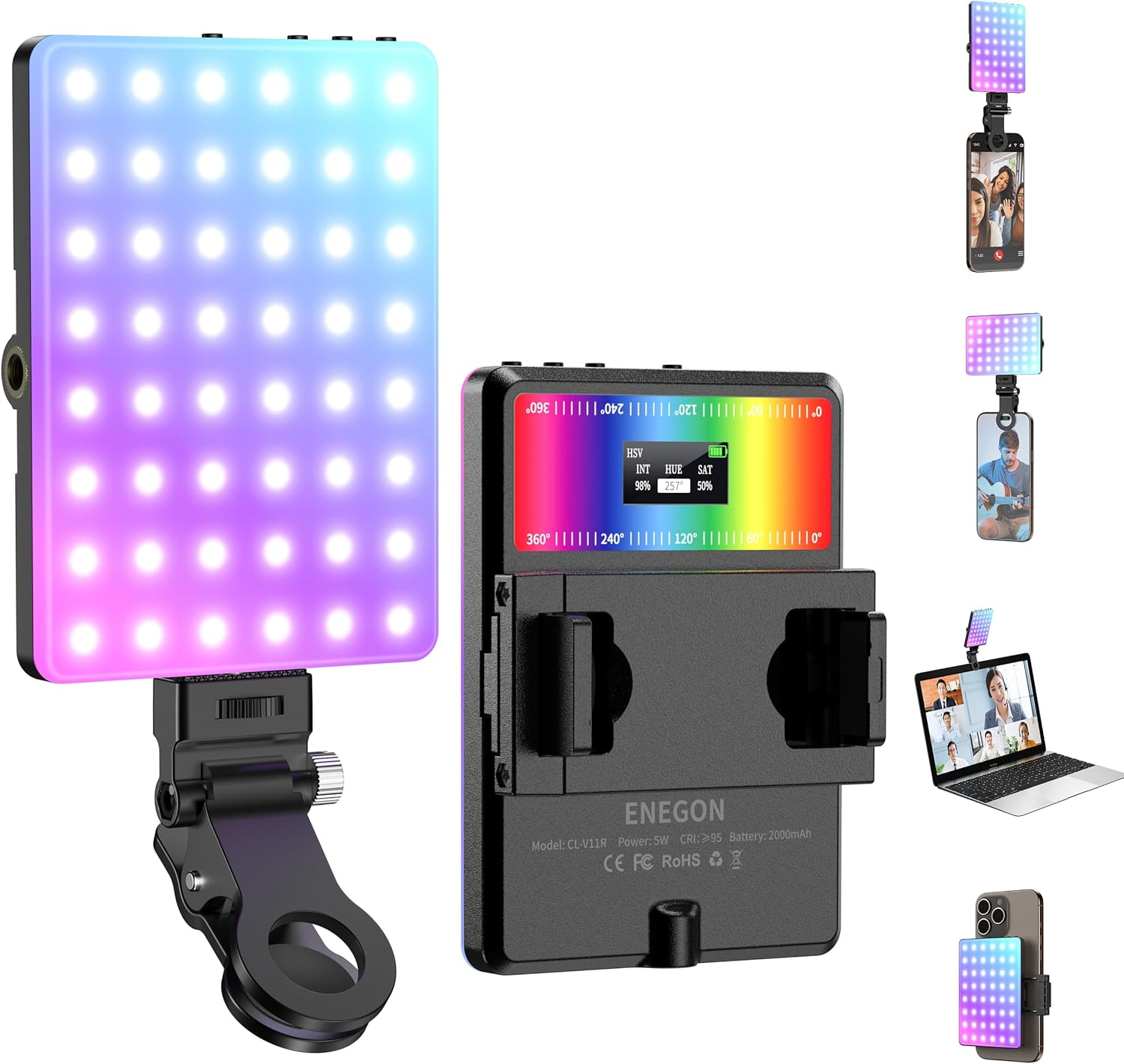 ENEGON RGB Selfie Light, 360&deg; Full Color RGB Video Light with 24 Effects, 78 LED 2000Mah Rechargeable, CRI 95+ and CCT 2500K-9000K, Portable Clip for Phone/Tablet/Pc/Streaming