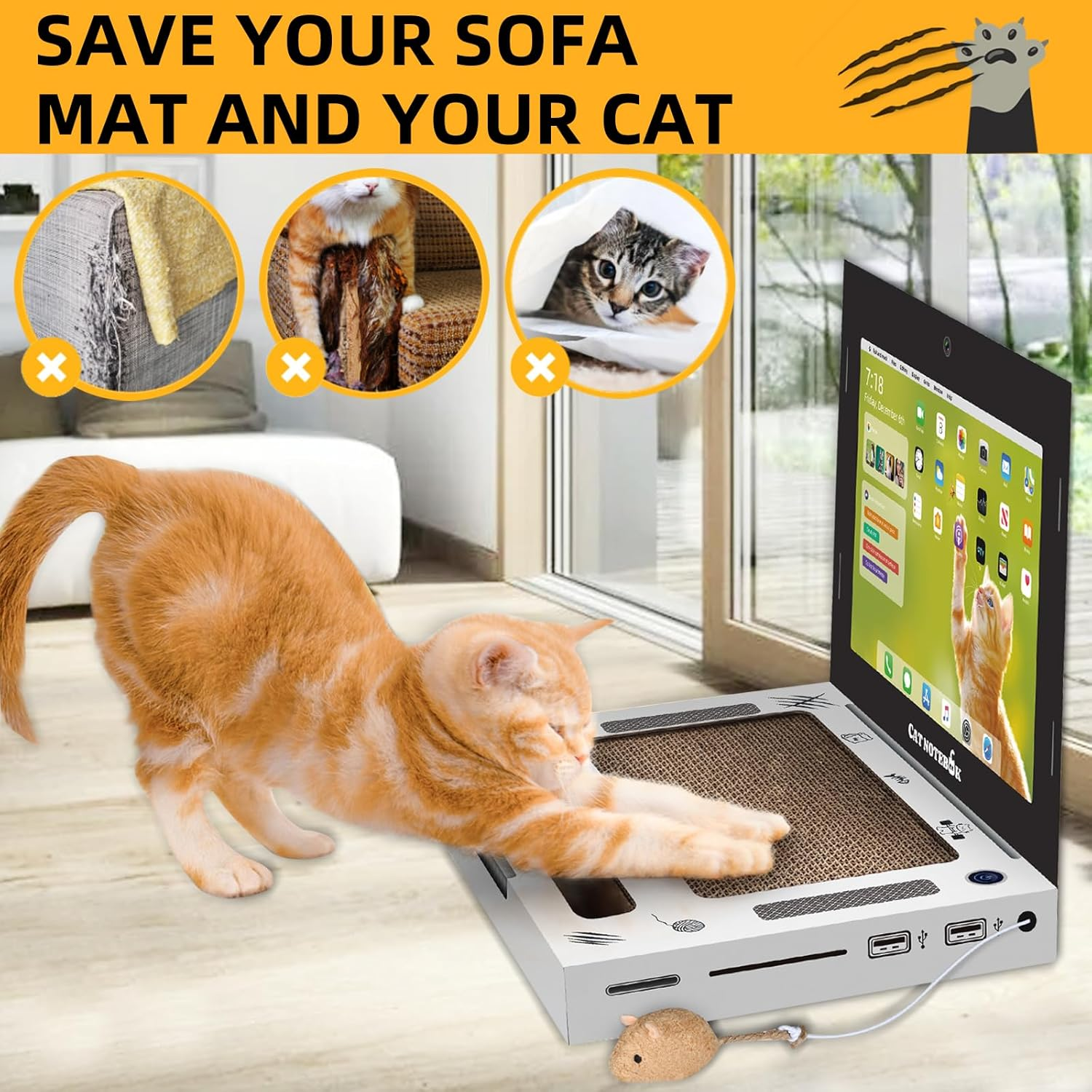 Cat Scratcher,Laptop Board with Furry Mouse Toy Mouse, Game Console Computer Shape, Interactive Cat Toys, Creative Cat Scratching Board, Wear-Resistant Foldable Cat Scratching Board image number 3