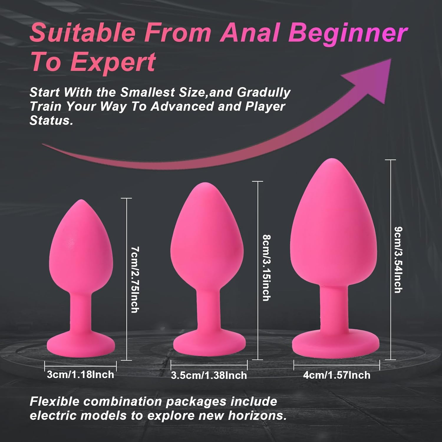 Riotor Vibrating Silicone Anal Plug Set, Anal Toys for Men Woman Couples from Beginner to Advanced Set,3 Sizes Manual & 1 Automatic Toys (Pink) image number 3