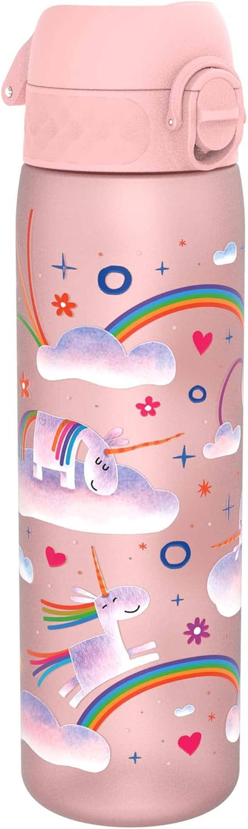 Ion8 Water Bottle, 500 Ml/18 Oz, Leak Proof, Easy to Open, Secure Lock, Dishwasher Safe, BPA Free, Hygienic Flip Cover, Carry Handle, Easy Clean, Odour Free, Carbon Neutral, Unicorn Rainbows Design