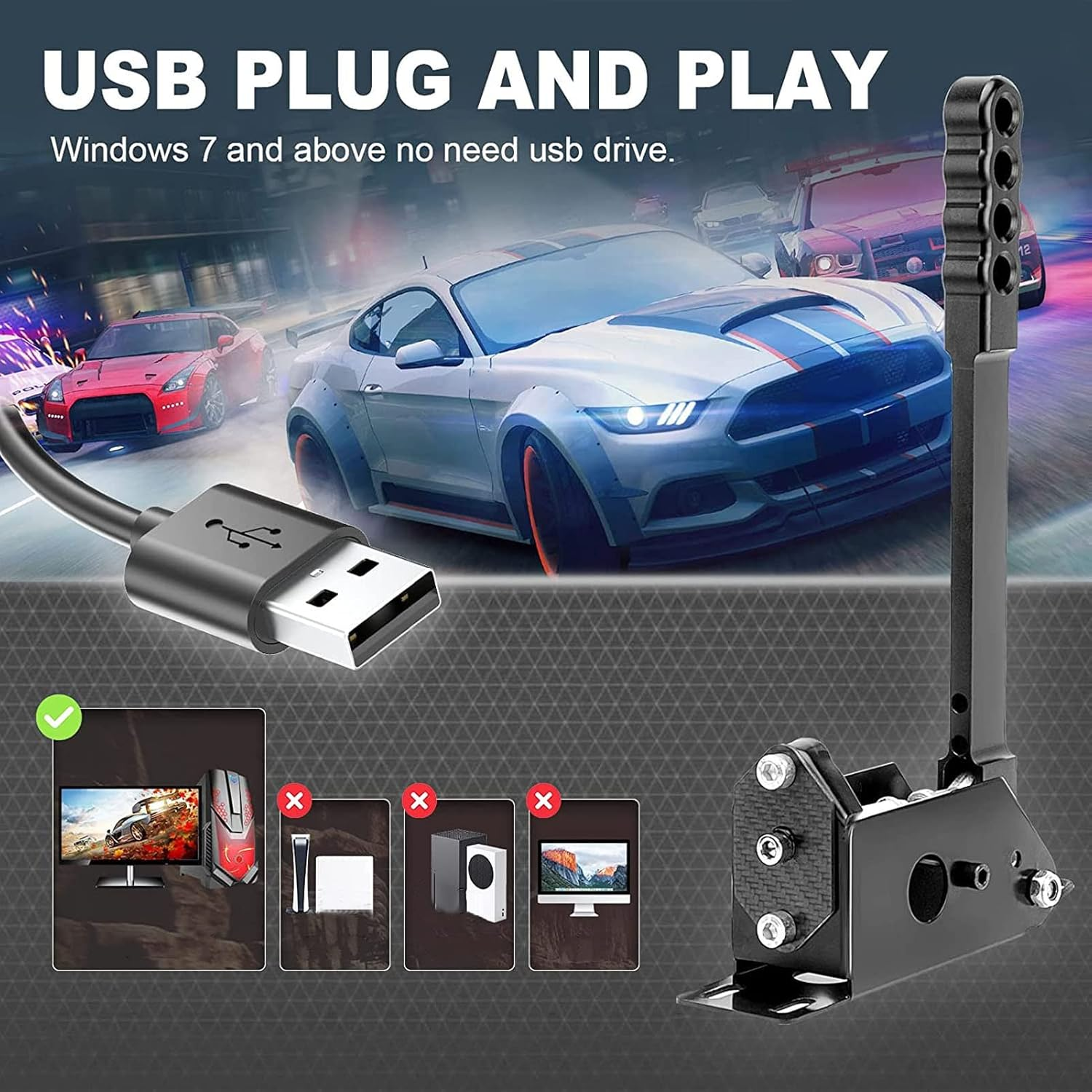 64 Bit USB SIM Handbrake, PC Racing Game USB Handbrake Fit for Logi G27 G29 G920 G923 T500 T300, Simulation Manual Brake with Handle Grip USB Cable Clamp image number 6