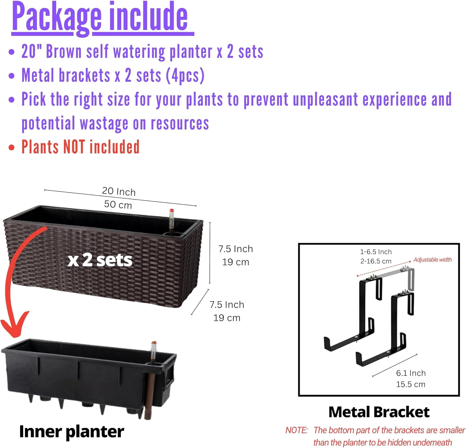 Lalagreen Outdoor Rail Planter for Balcony (2 Pack, 20 Inch) Large Black Self Watering Railing Planters with Brackets, Rectangular Plastic Window Flower Box Fence Designer Choice with Rattan Pattern image number 3