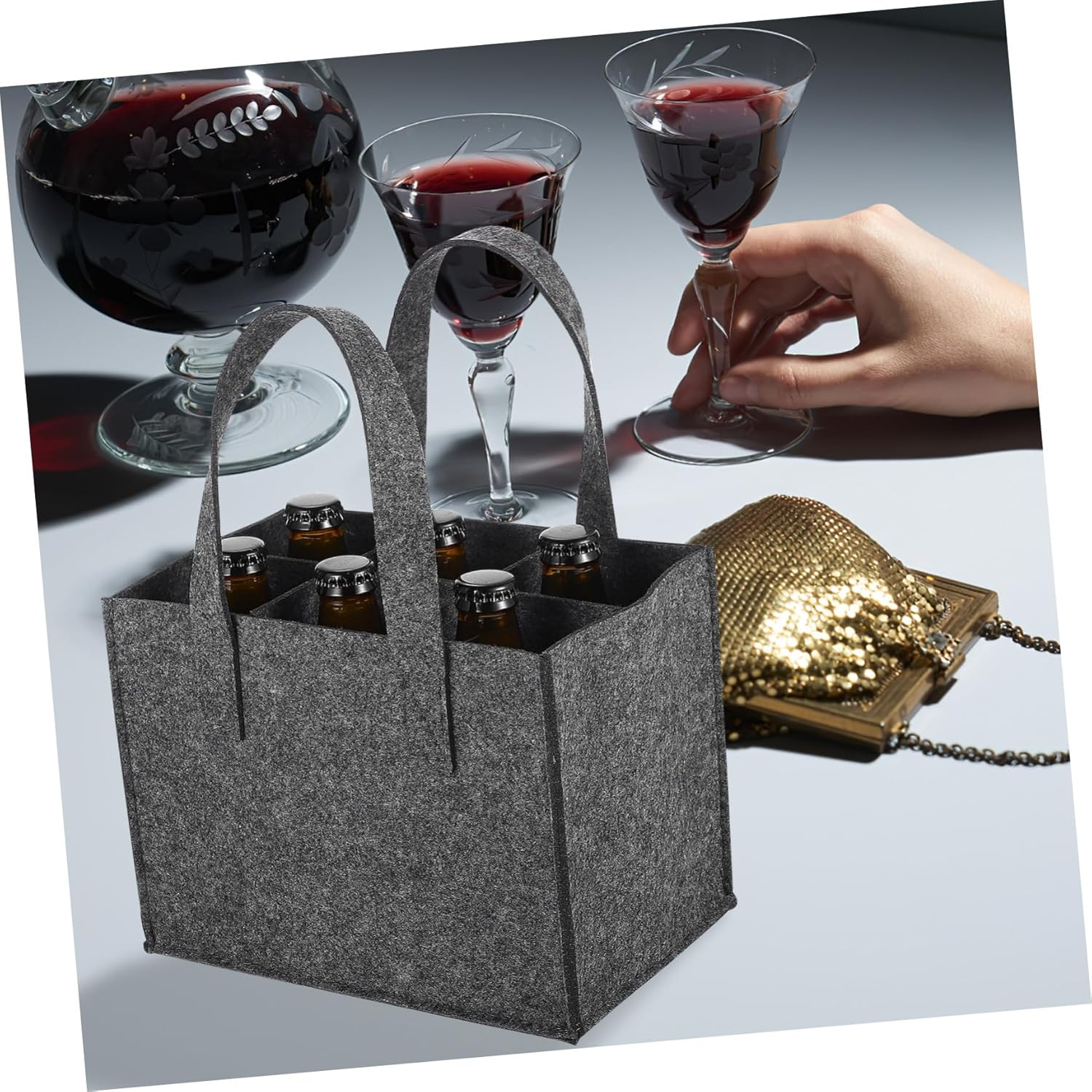 MOTHNUR Felt Wine Bag Wine Carrier Tote Bag with Divider 24X16X16Cm Reusable Felt Bottle Handbag for 6 Bottles Tote Suitable for Travel and 4Pcs image number 5