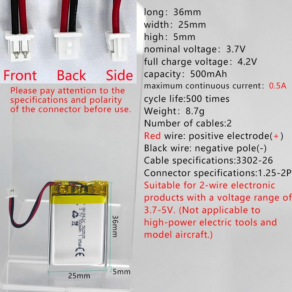 DC 3.7V 500Mah 502535 Rechargeable Lithium Polymer Battery, Suitable for DIY 3.7-5V Electronic Products with Built-In 2-Wire Battery Replacement and LED Lights image number 2