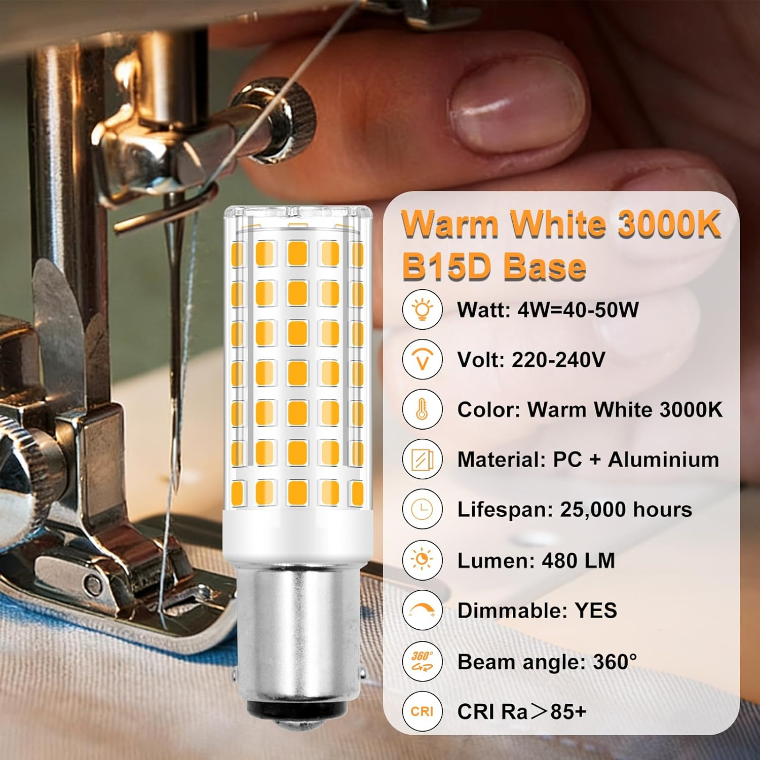 BROLSKUN B15D LED 4W Warm White 3000K Replacement for 40W 50W B15D Halogen Bulb B15 Double Contact Bayonet Socket AC 220V-240V 480LM for Sewing Machine Lamp Ceiling Lamps, Set of 2 image number 3