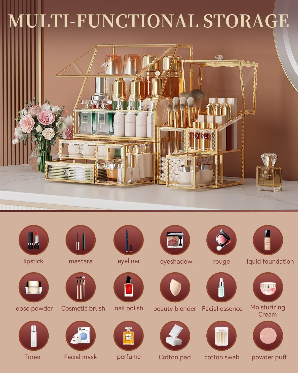 Coralhouse Clear Makeup Organizer with Gold Frame &ndash; Countertop Vanity Organizer for Skincare, Lipsticks, Perfume & Brushes &ndash; Bathroom Cosmetic Storage Display Box - Amber image number 2