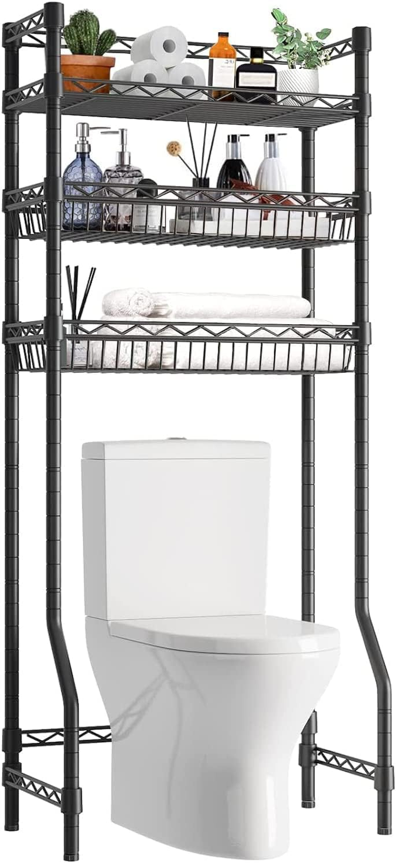 Fuyoula 3 Tier over the Toilet Storage Rack Bathroom Storage Shelf Space Saver Stand above Toilet Wire Shelves Metal Bathroom Organizer Shelf with Adjustable Shelves and Baskets (White)