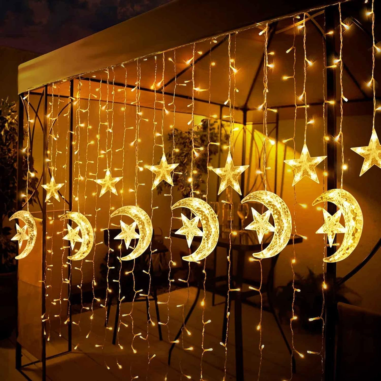 Ramadan Decorations for Home, 138 LED Upgraded Extra Large Star Moon Curtain Lights for Kids Bedroom Decor, Battery & USB Powered LED Fairy Lights for Ramadan Window Wedding Christmas Decor image number 4