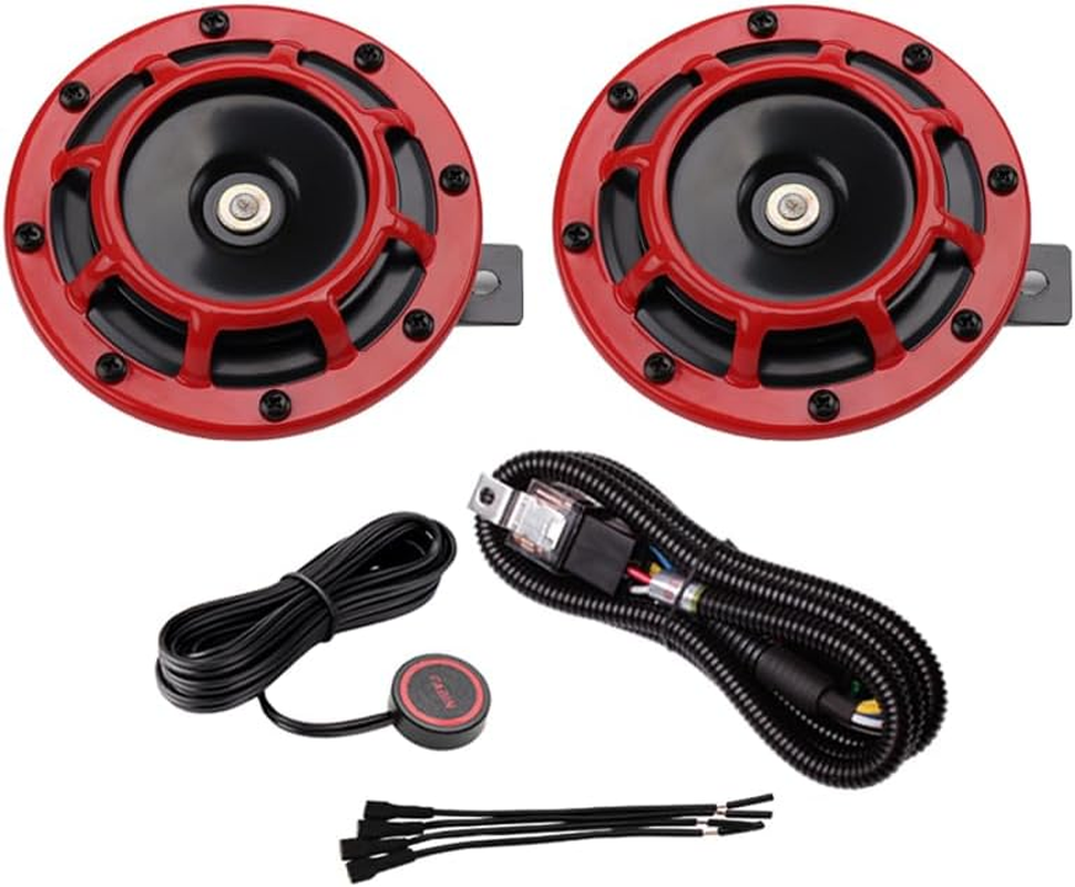 FARBIN Loud Car Horn 12V Super Tone Motorcycle Horns High Tone/Low Tone Twin Horn Kit with Protective Grill(Red, 12V)