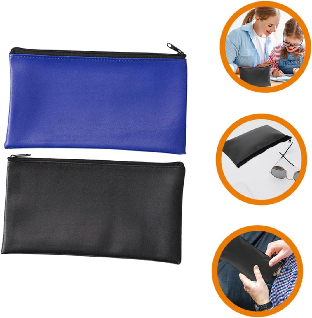 TOYZFRIENDY 2Pcs Leather Document Bag Portable File Organizer for Men Zippered Cash and Receipt Pouches in Black and Blue Lightweight Office and Travel Storage image number 2
