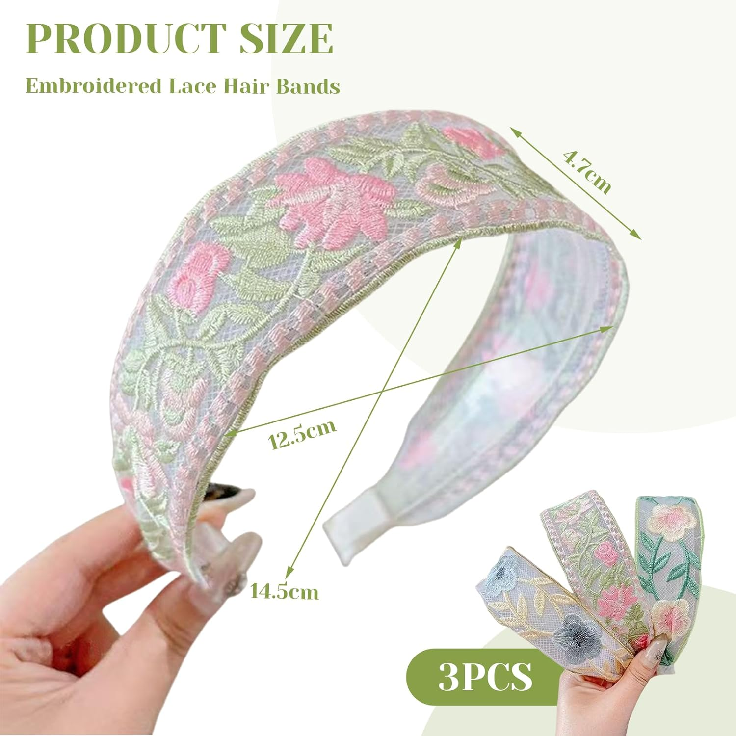 Charmburst Pack of 3 Women'S Hair Bands with Floral Embroidery, Wide Soft Headband for Spring and Summer, Colourful Trendy Headbands for Girls and Women image number 1
