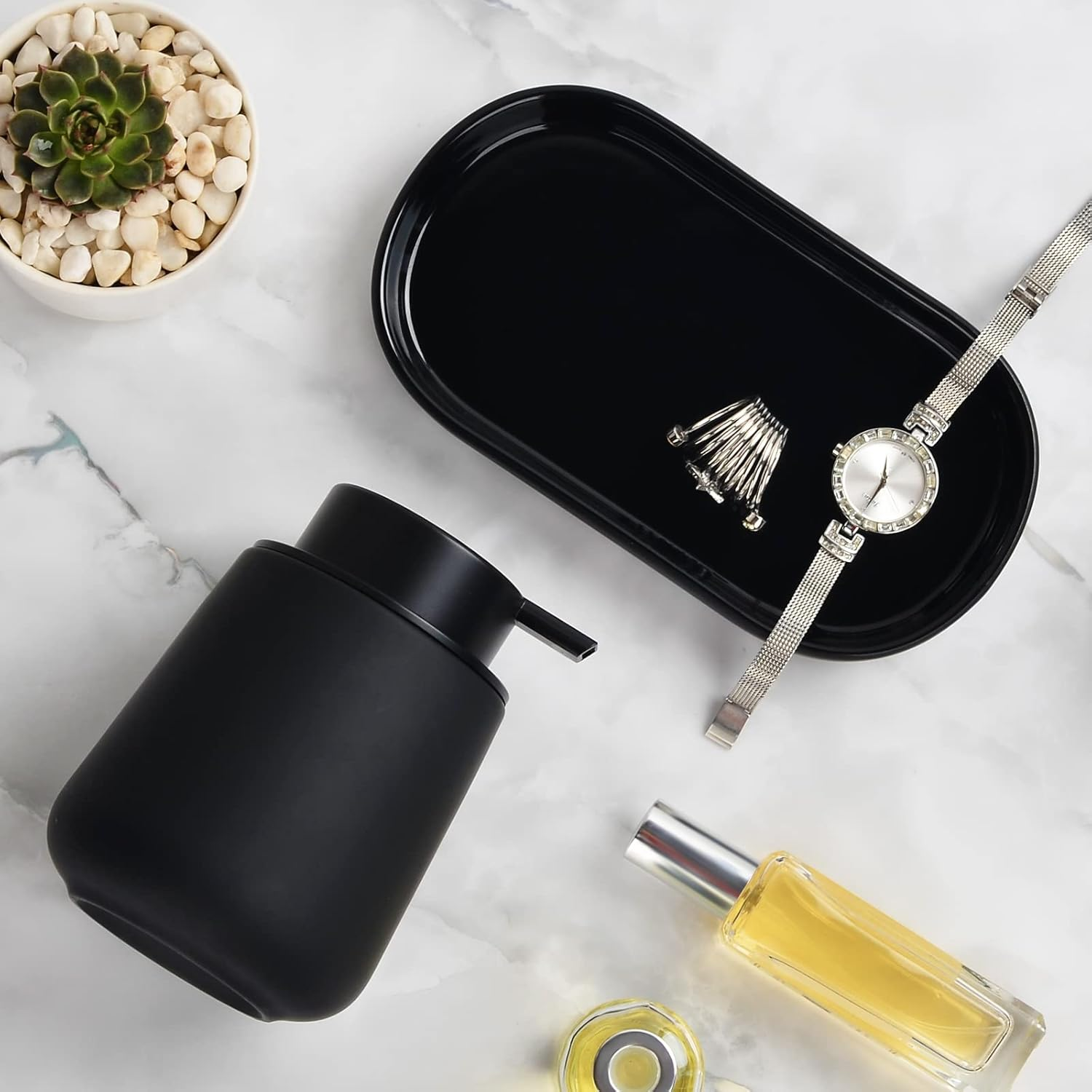 Umlaca Black Bathroom Accessories Set 3 Pcs - Ceramic Foaming Bathroom Soap Dispenser Set Farmhouse Black Bathroom Decor, Soap Dispenser and Toothbrush Holder/Tumbler Cup, Tray - Black image number 3