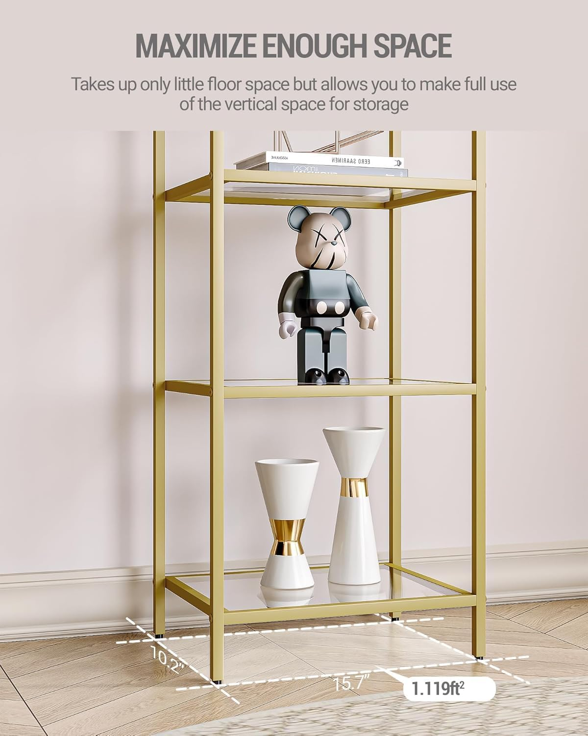 Hzuaneri Bookcase Bookshelf, Tempered Glass Bookshelves, Slim Shelving Unit for Bedroom, Bathroom, Home Office, Steel Frame, 6 Tier Gold BC10601G image number 2