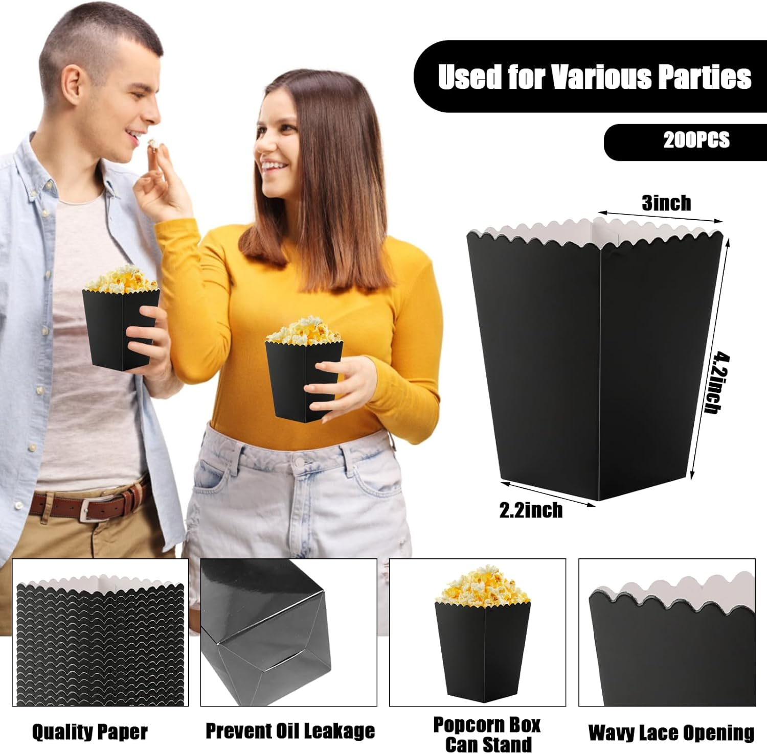 200 Pcs Mini Popcorn Boxes for Party Black Popcorn Bags Cardboard Popcorn Cups Disposable Snack Candy Popcorn Containers Holder for Halloween Christmas Birthday Wedding (2.2 X 4.2 X 3 Inches) image number 3
